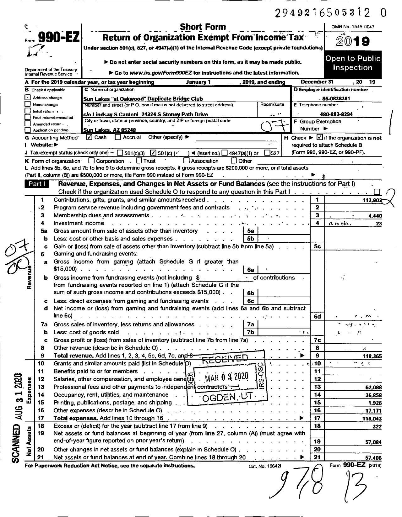 Image of first page of 2019 Form 990EO for Sun Lakes Acbl Duplicate Bridge Club