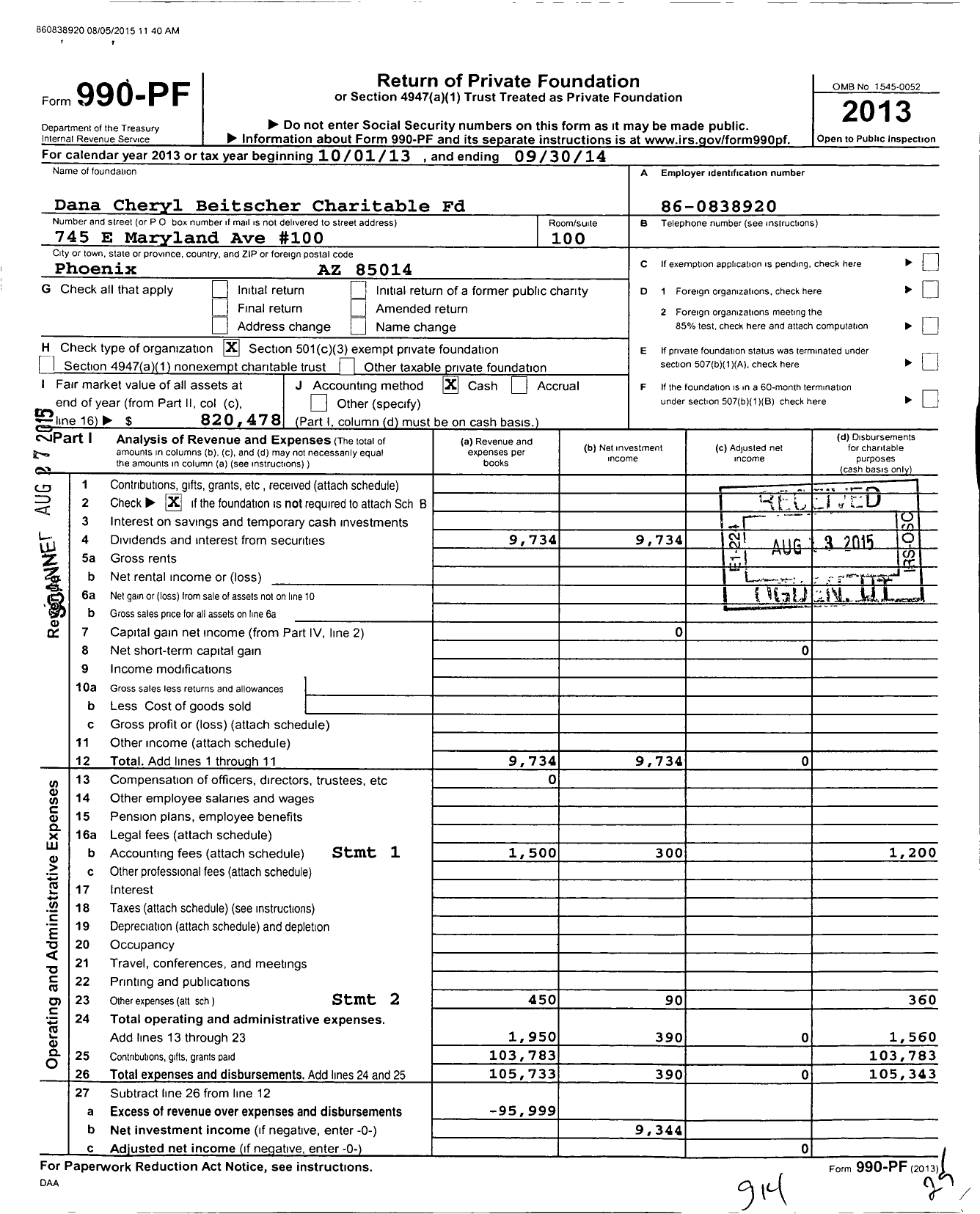 Image of first page of 2013 Form 990PF for Dana Cheryl Beitscher Charitable Foundation