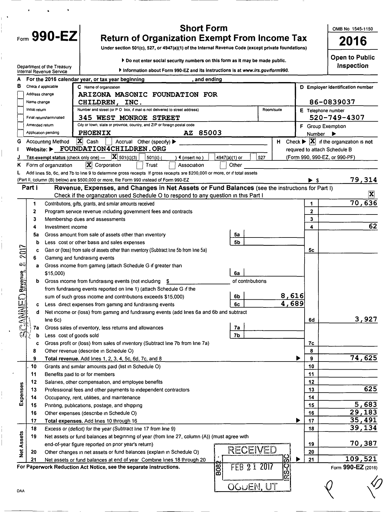 Image of first page of 2016 Form 990EZ for Arizona Masonic Foundation for Children