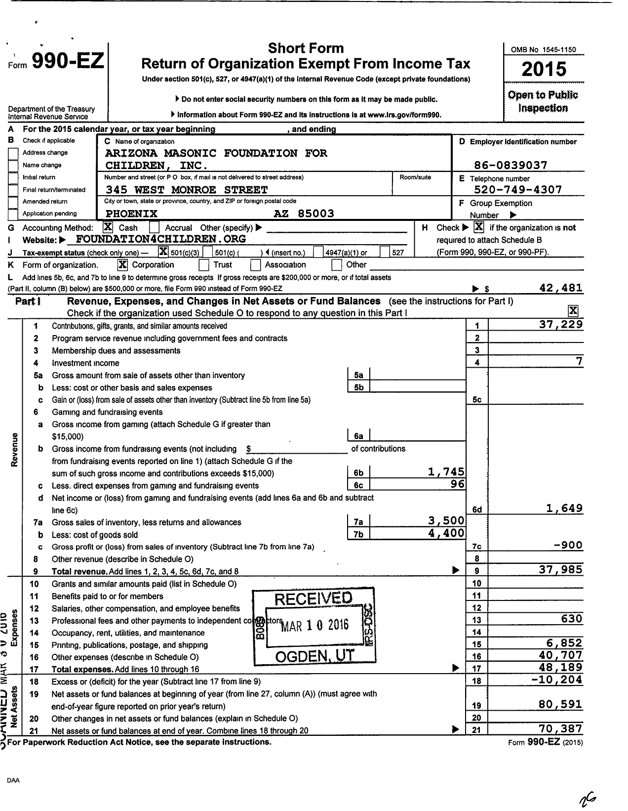 Image of first page of 2015 Form 990EZ for Arizona Masonic Foundation for Children