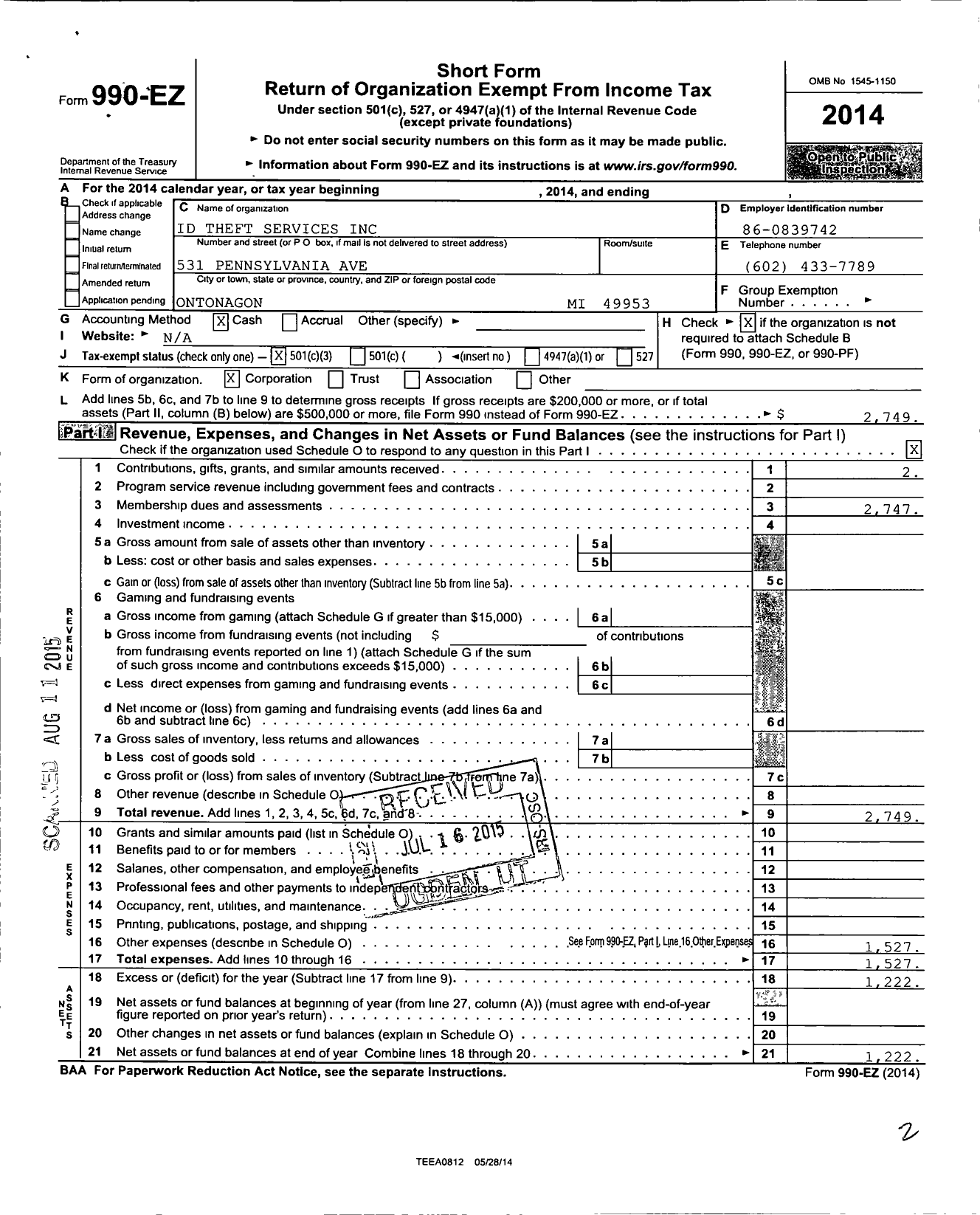 Image of first page of 2014 Form 990EZ for Id Theft Services