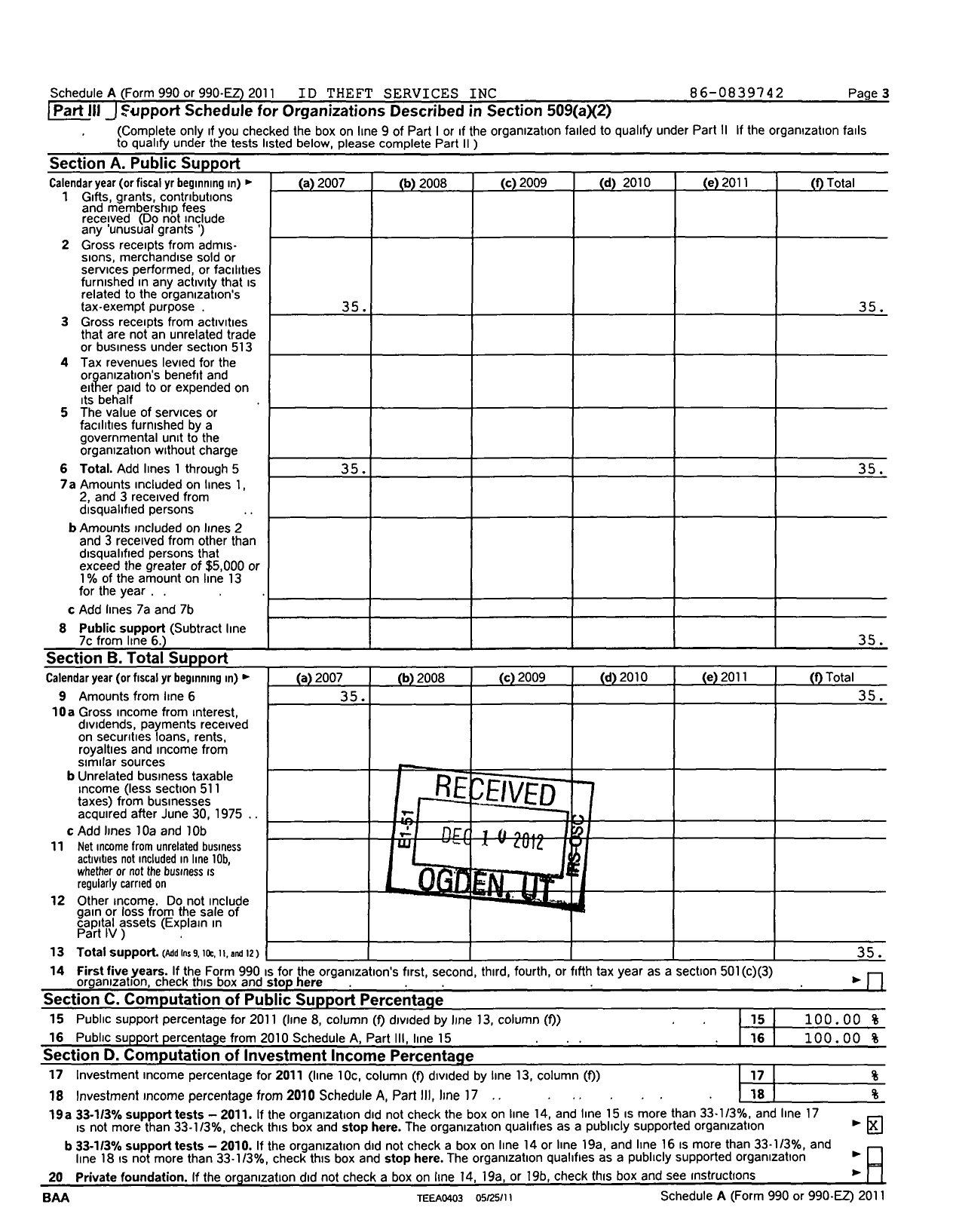 Image of first page of 2011 Form 990ER for Id Theft Services