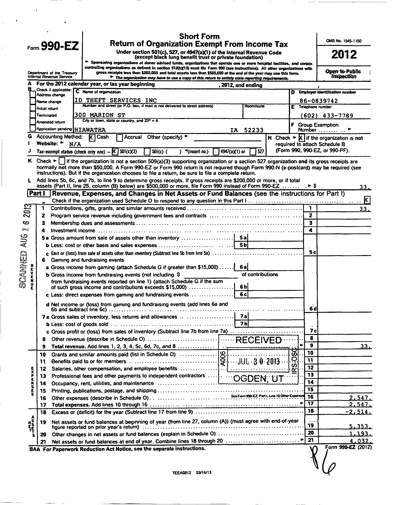 Image of first page of 2012 Form 990EZ for Id Theft Services