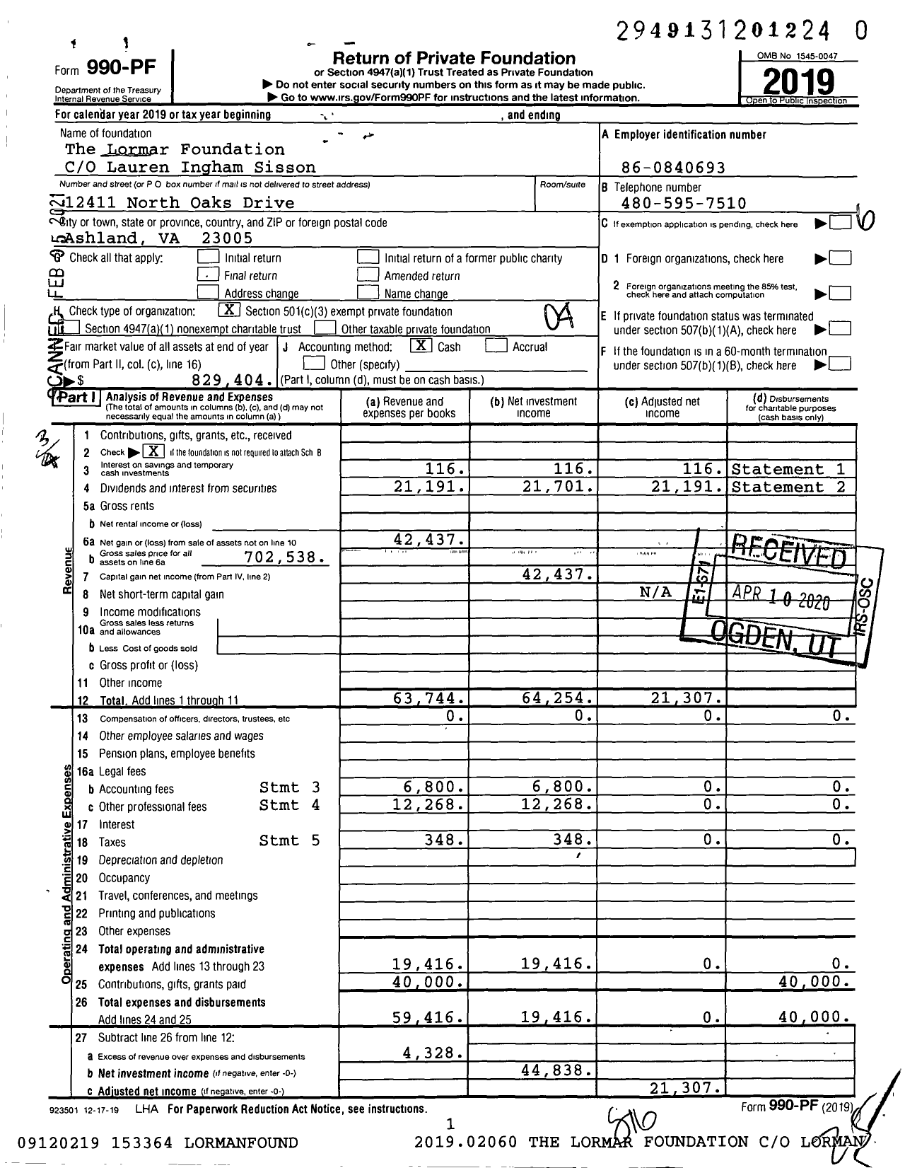 Image of first page of 2019 Form 990PF for Lormar Foundation