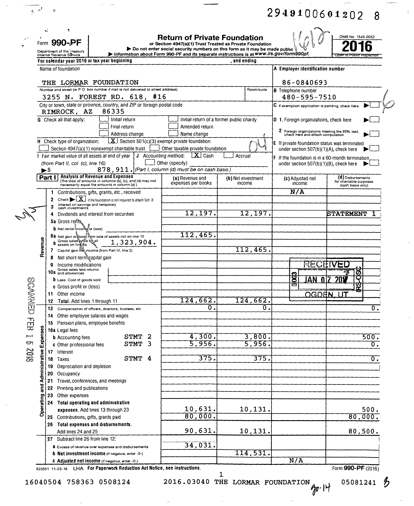 Image of first page of 2016 Form 990PF for Lormar Foundation
