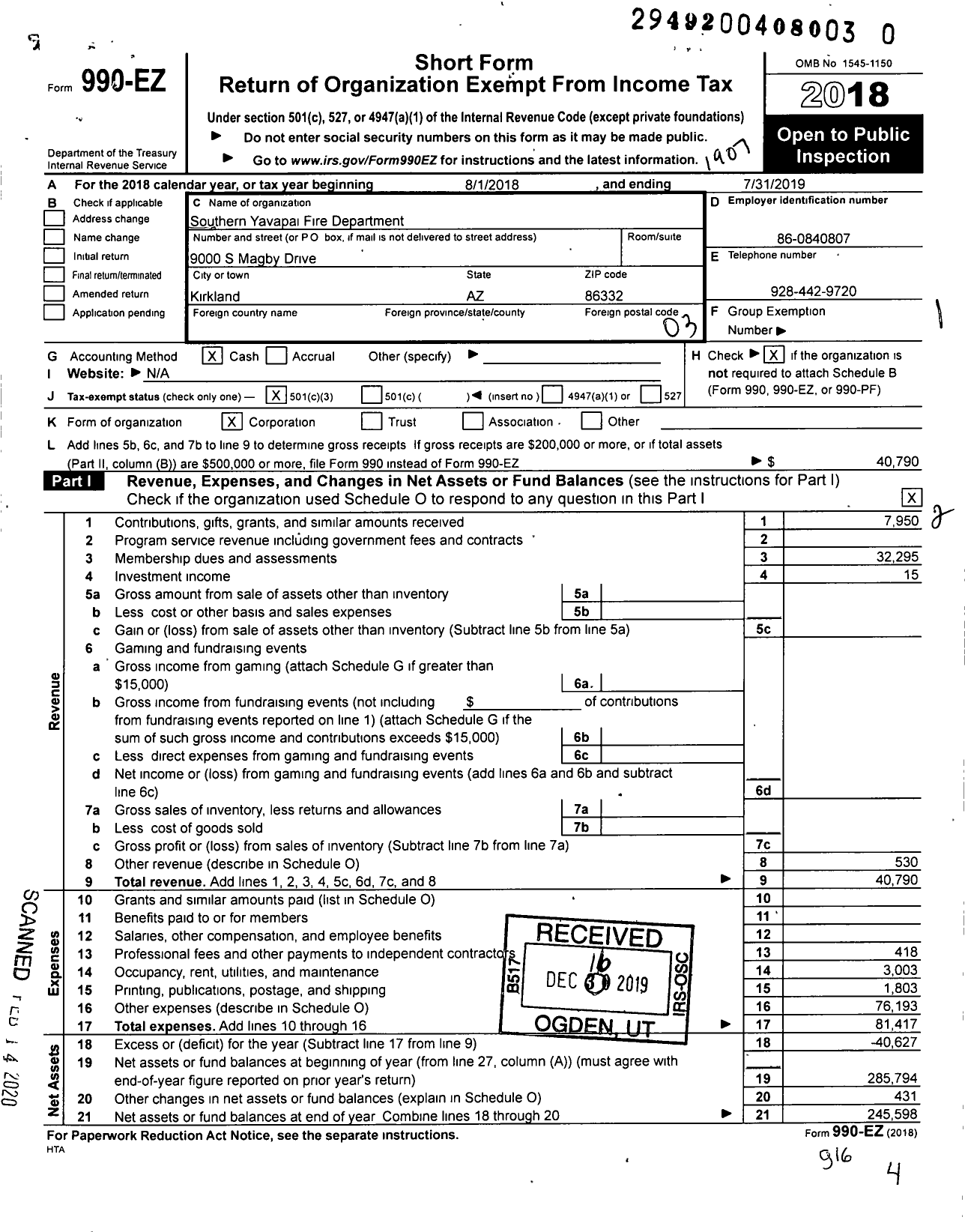 Image of first page of 2018 Form 990EZ for Southern Yavapai Fire Department