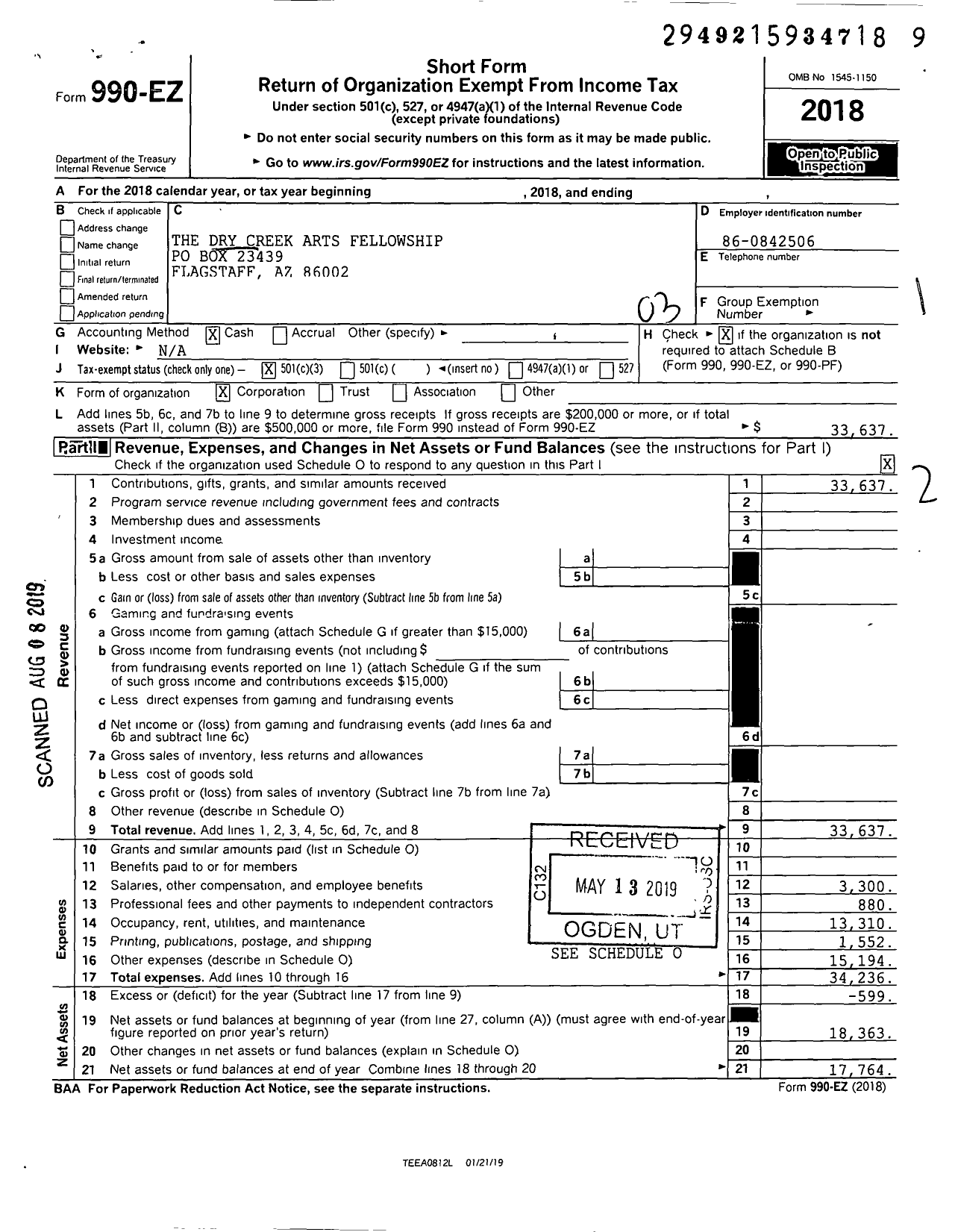 Image of first page of 2018 Form 990EZ for Dry Creek Arts Fellowship