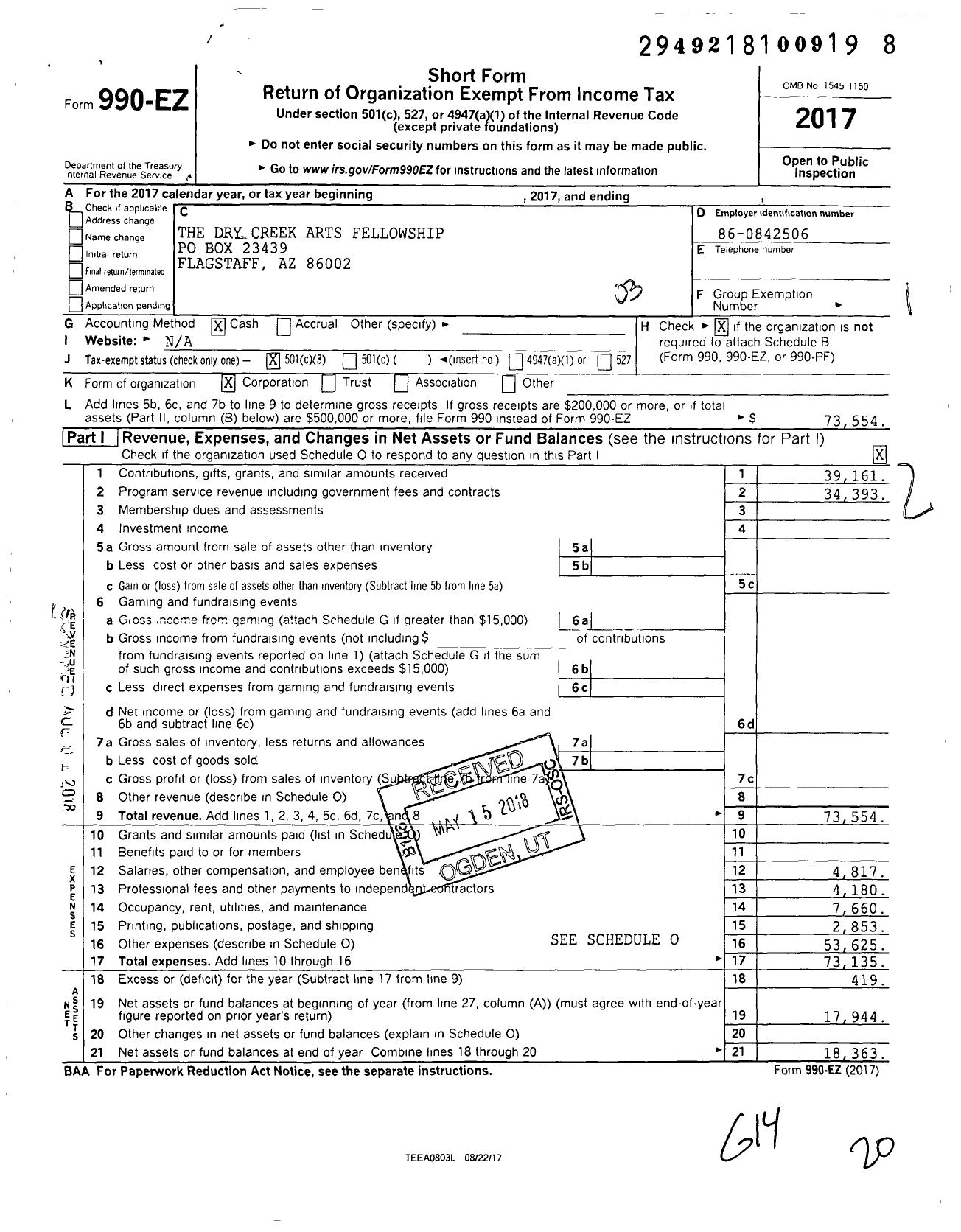 Image of first page of 2017 Form 990EZ for Dry Creek Arts Fellowship