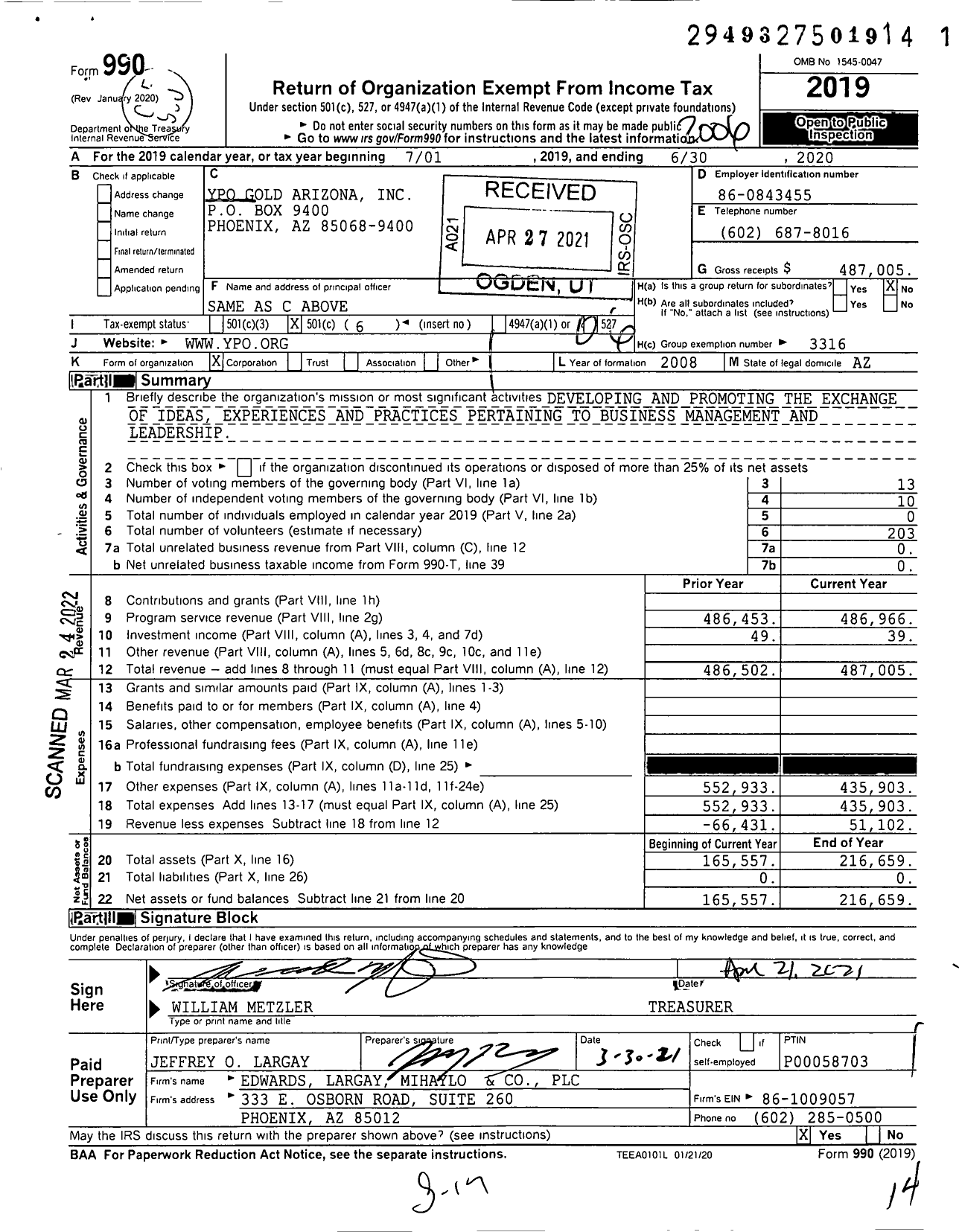 Image of first page of 2019 Form 990O for Young Presidents' Organization - YPO Gold Arizona