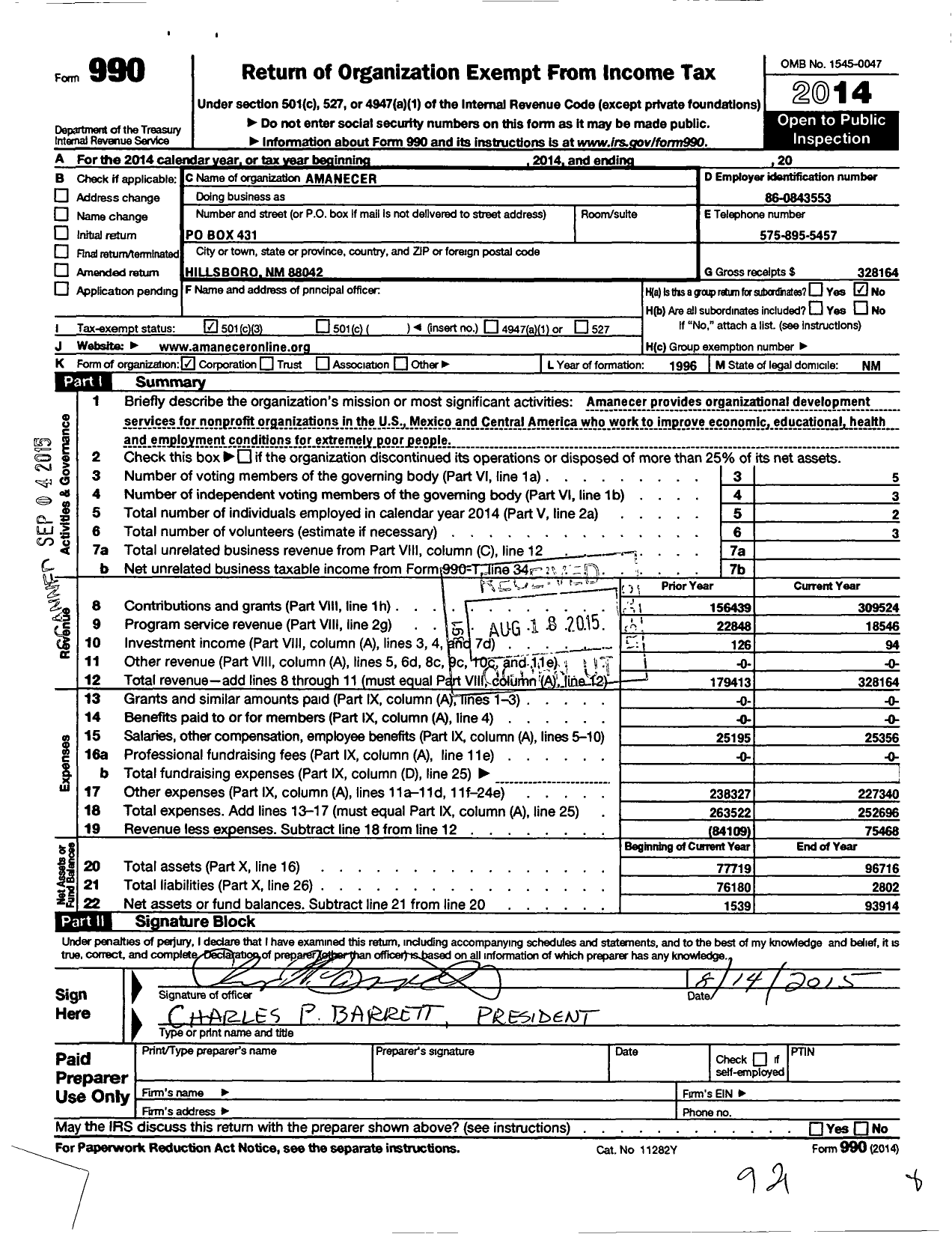 Image of first page of 2014 Form 990 for Amanecer