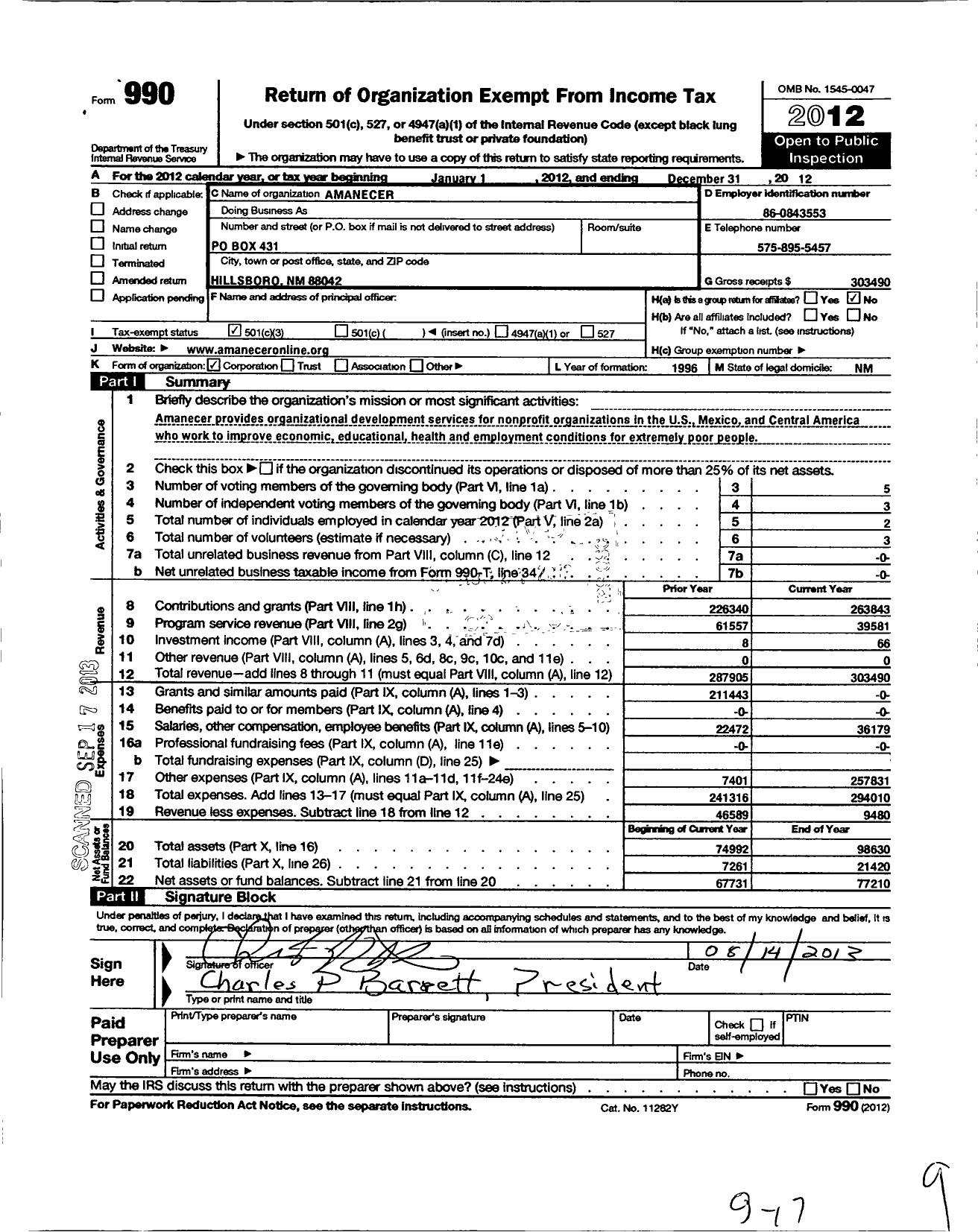 Image of first page of 2012 Form 990 for Amanecer