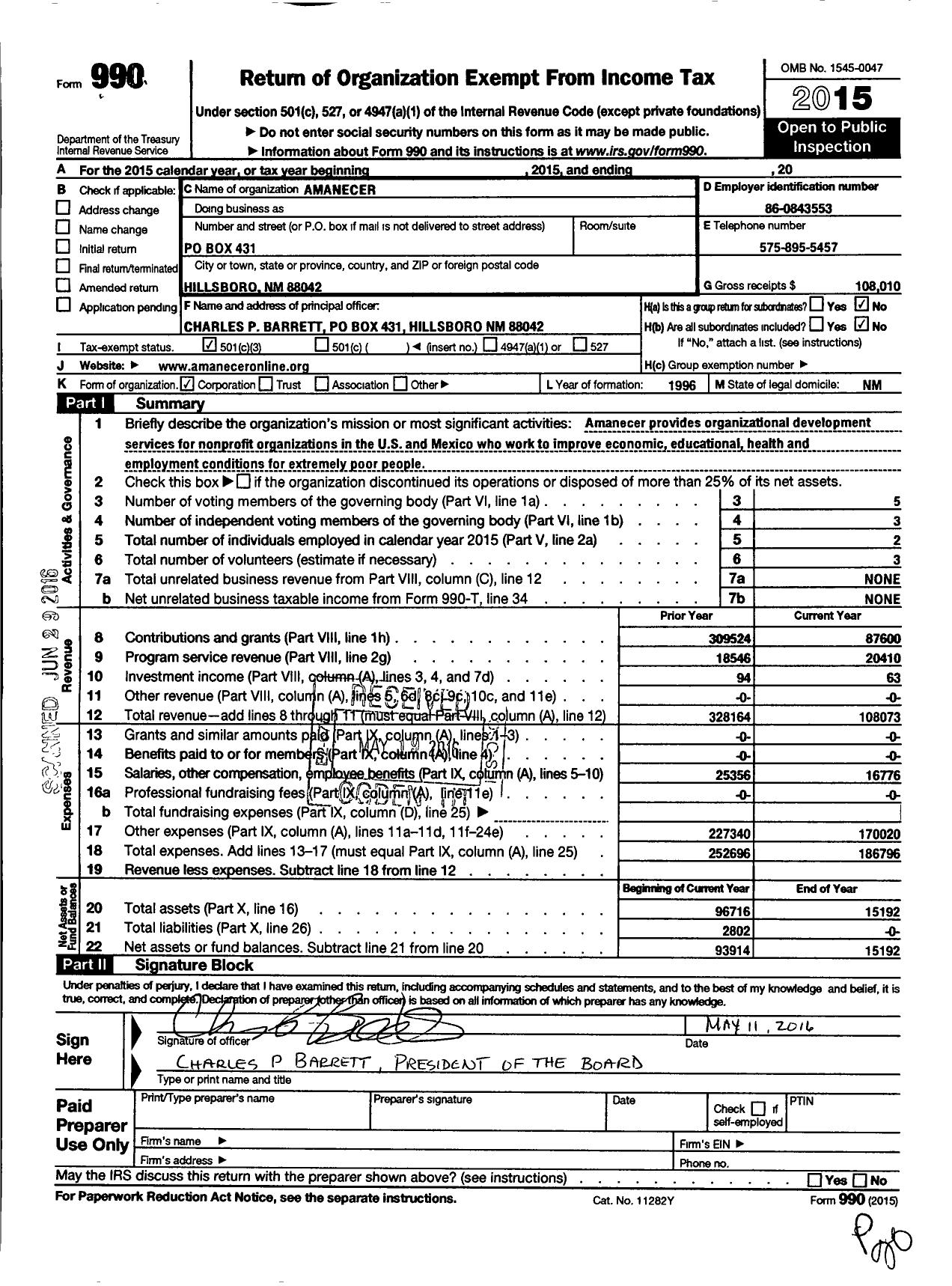 Image of first page of 2015 Form 990 for Amanecer