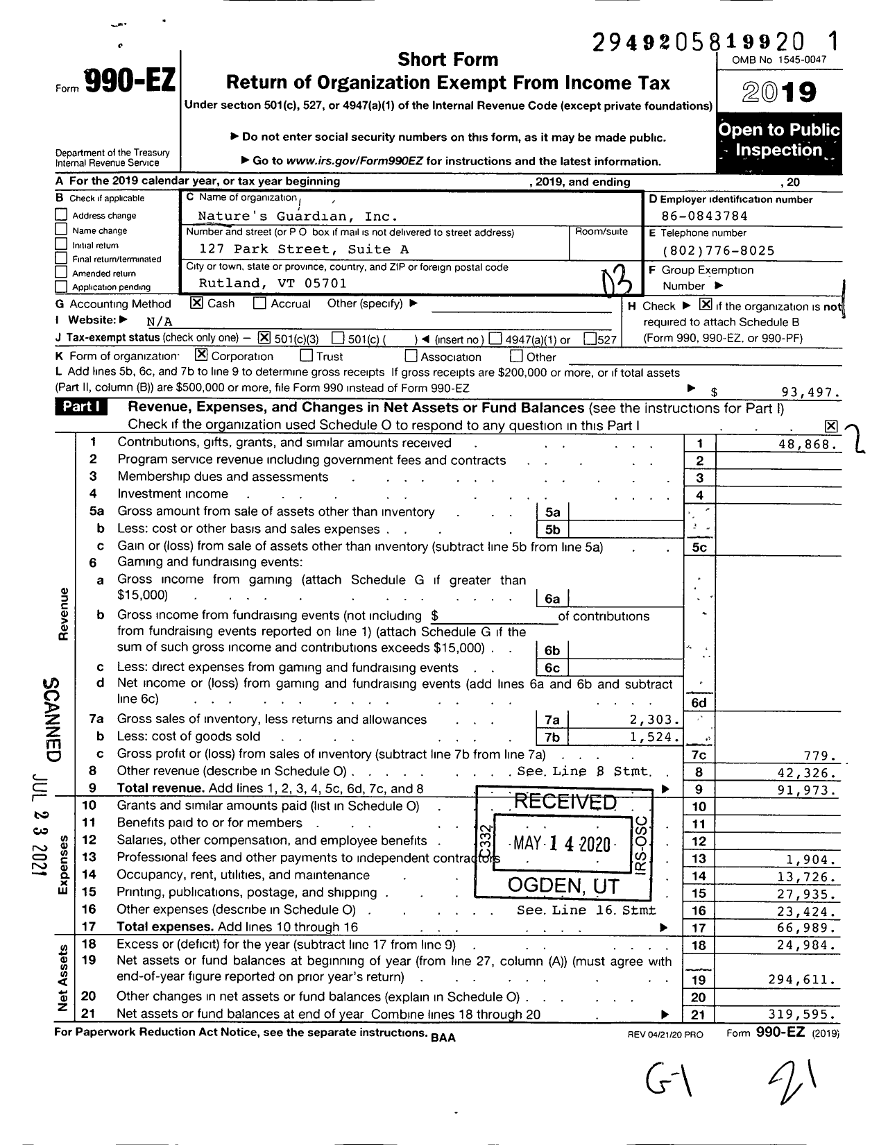 Image of first page of 2019 Form 990EZ for Nature's Guardian