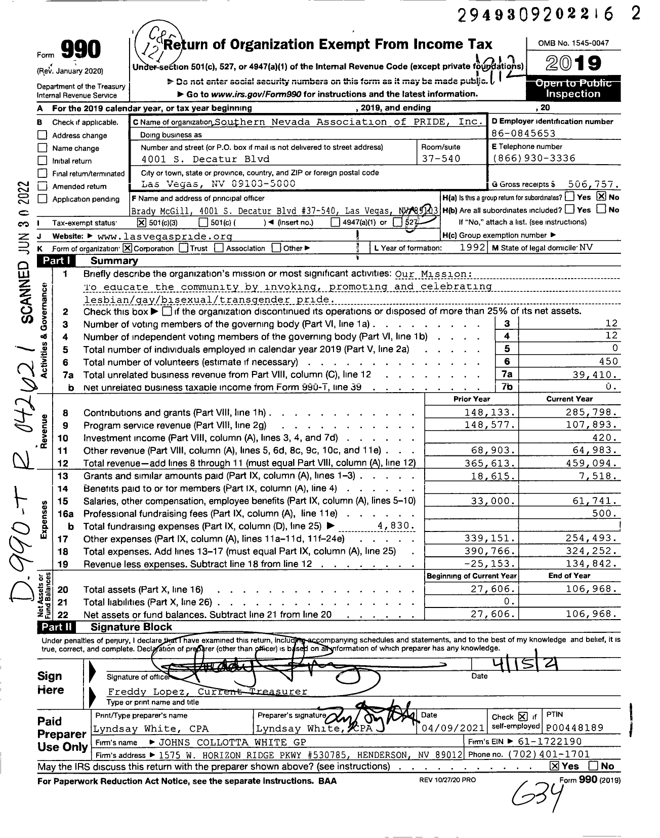 Image of first page of 2019 Form 990 for Southern Nevada Association of PRIDE