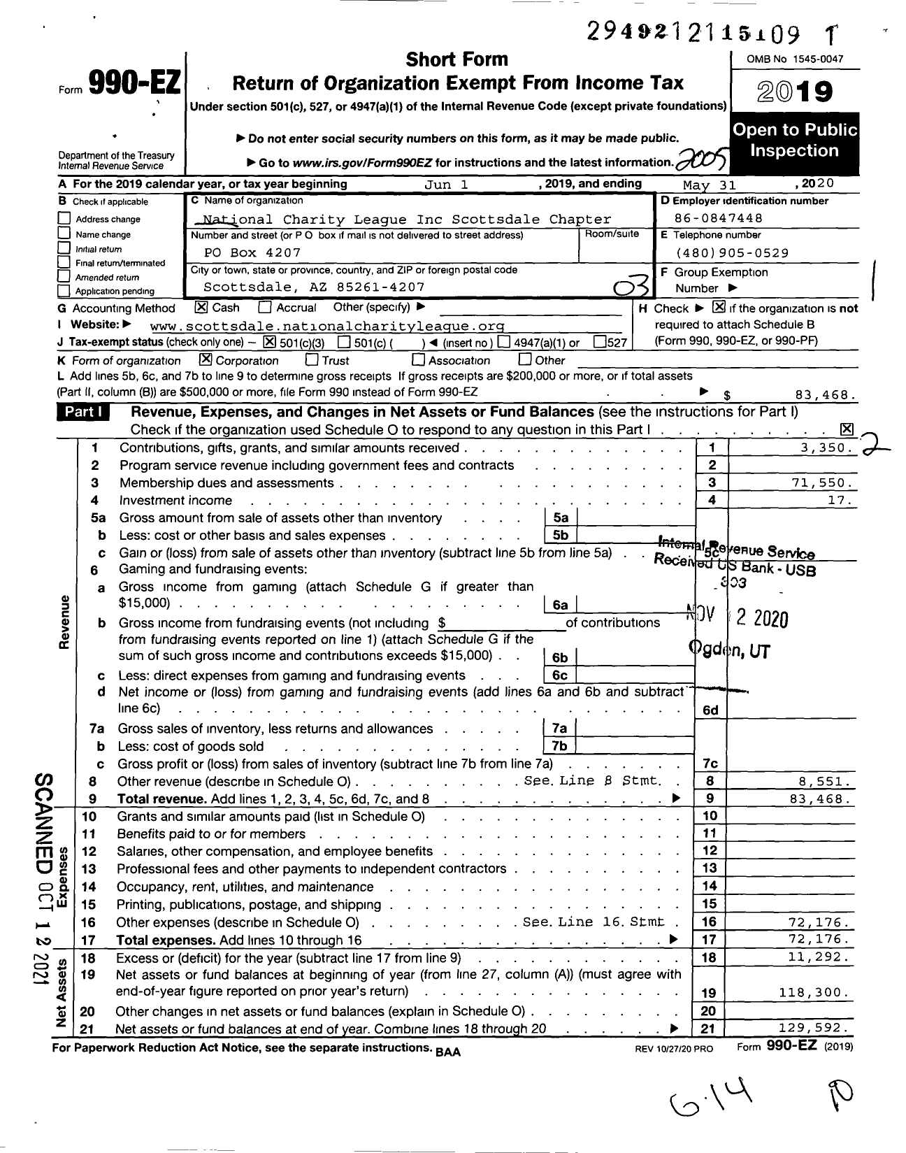 Image of first page of 2019 Form 990EZ for National Charity League Inc Scottsdale Chapter