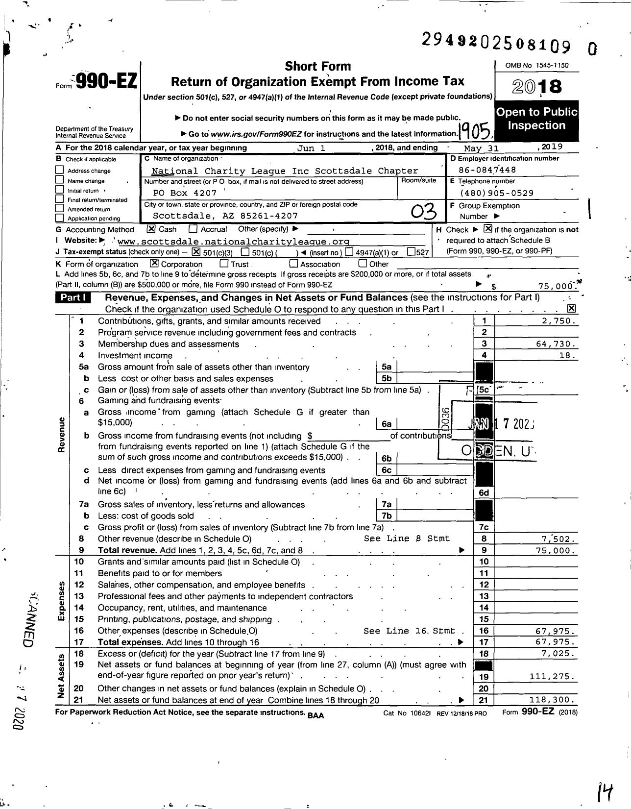 Image of first page of 2018 Form 990EZ for National Charity League Inc Scottsdale Chapter