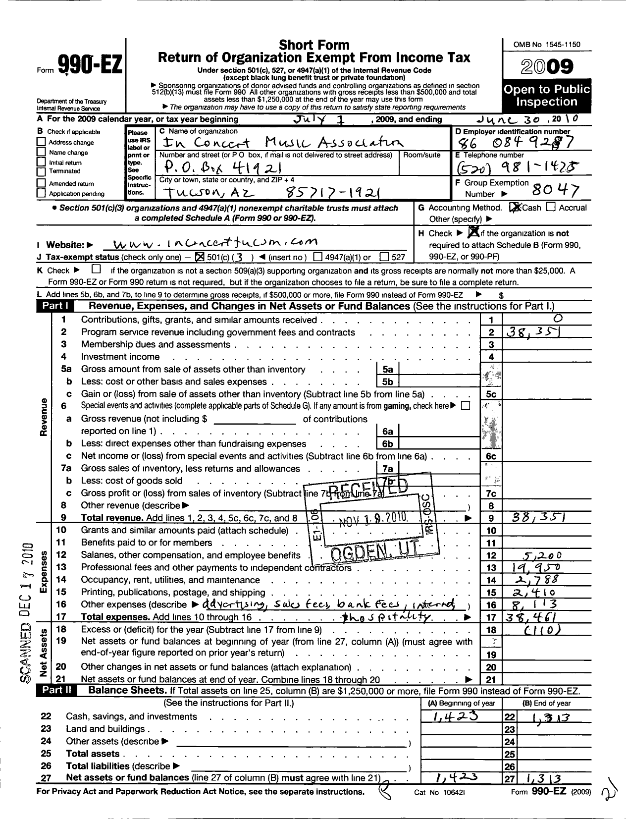 Image of first page of 2009 Form 990EZ for North American Folk Music and Dance Alliance / In Concert Tucson