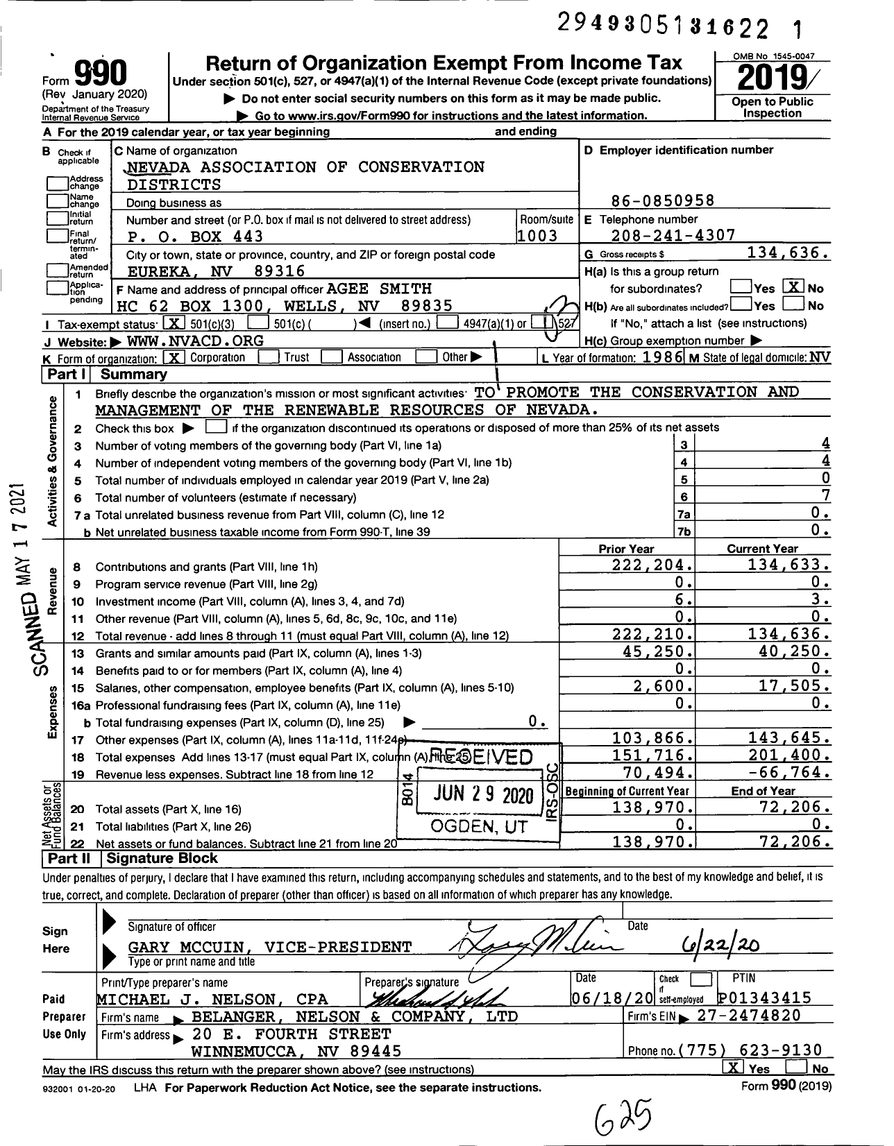 Image of first page of 2019 Form 990 for Nevada Association of Conservation Districts