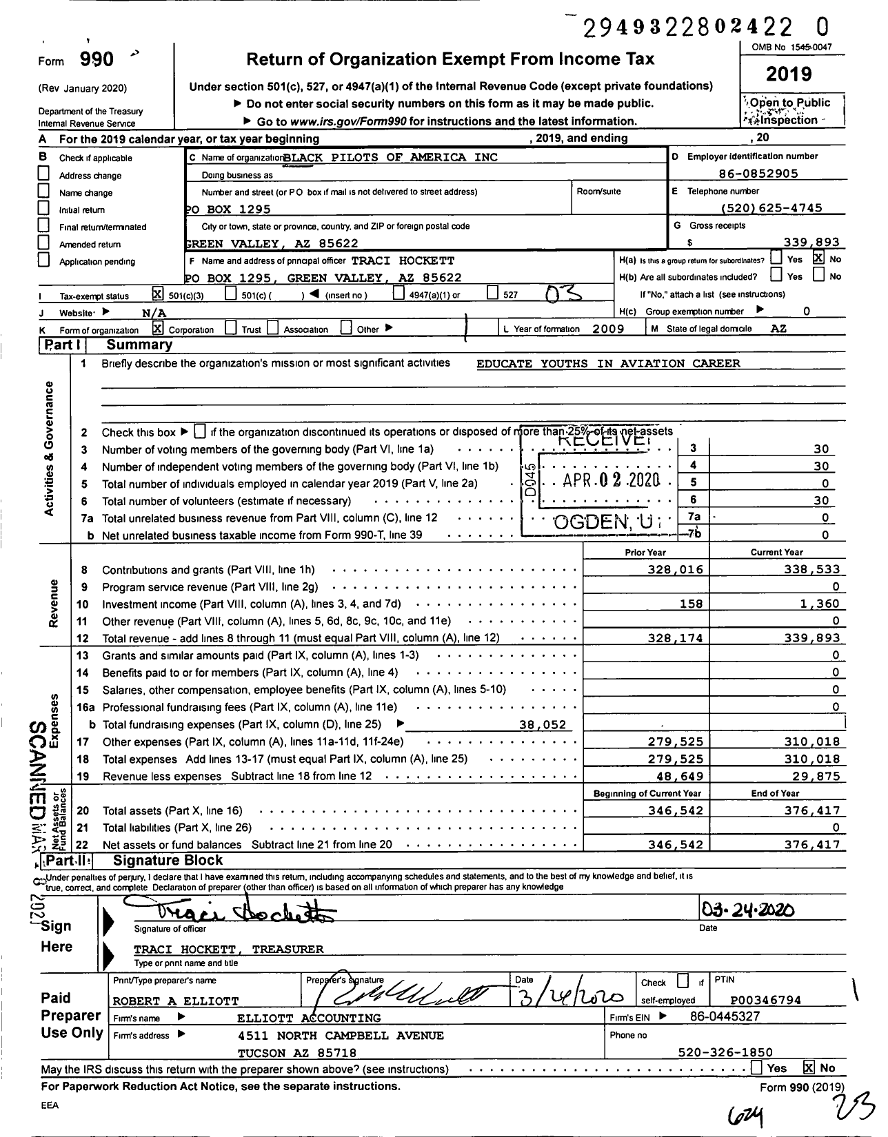 Image of first page of 2019 Form 990 for Black Pilots of America