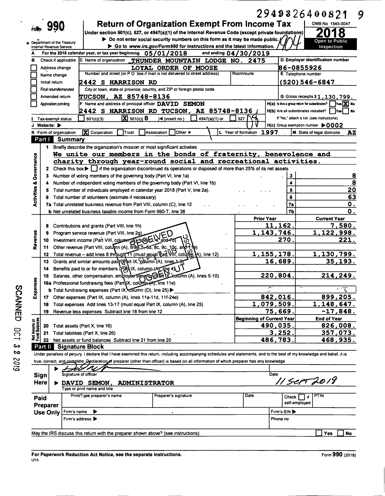 Image of first page of 2018 Form 990O for Thunder MTN Lodge No 2475 Loyal Order of Moose