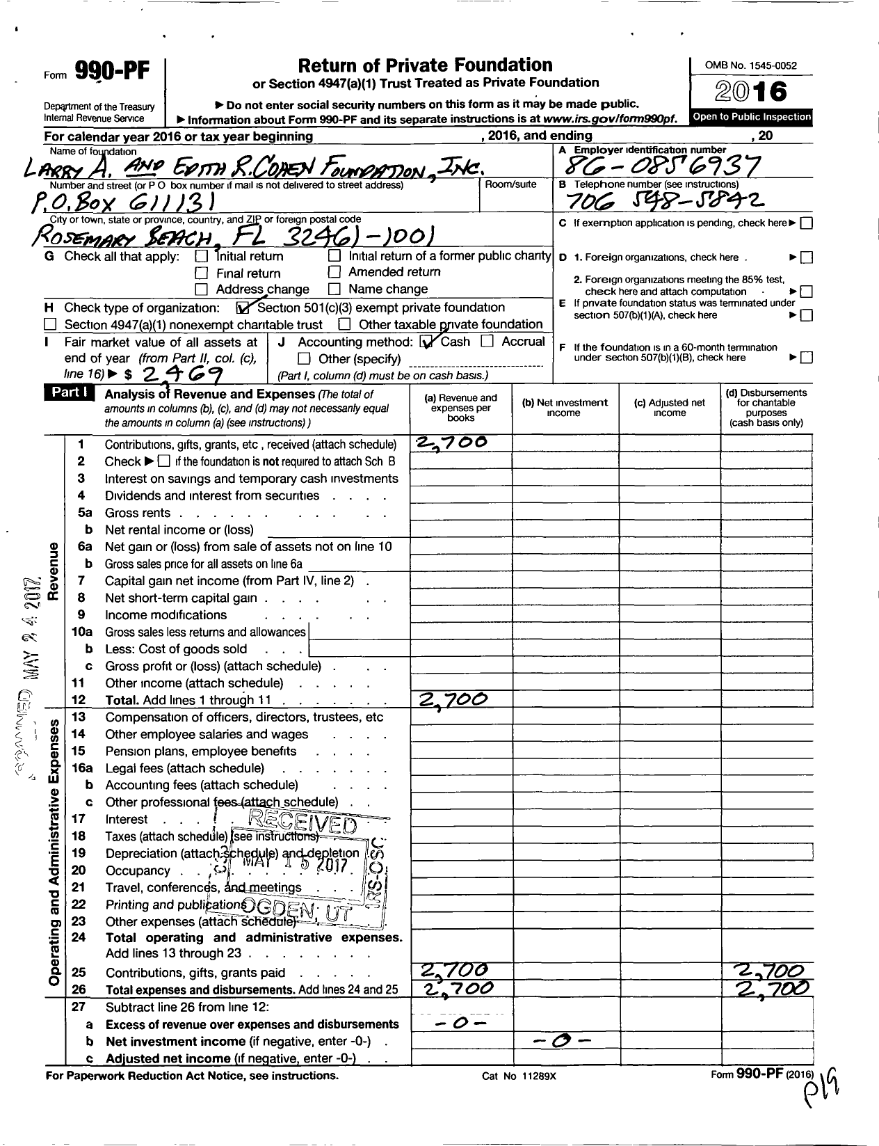 Image of first page of 2016 Form 990PF for Larry A and Edith R Cohen Foundation
