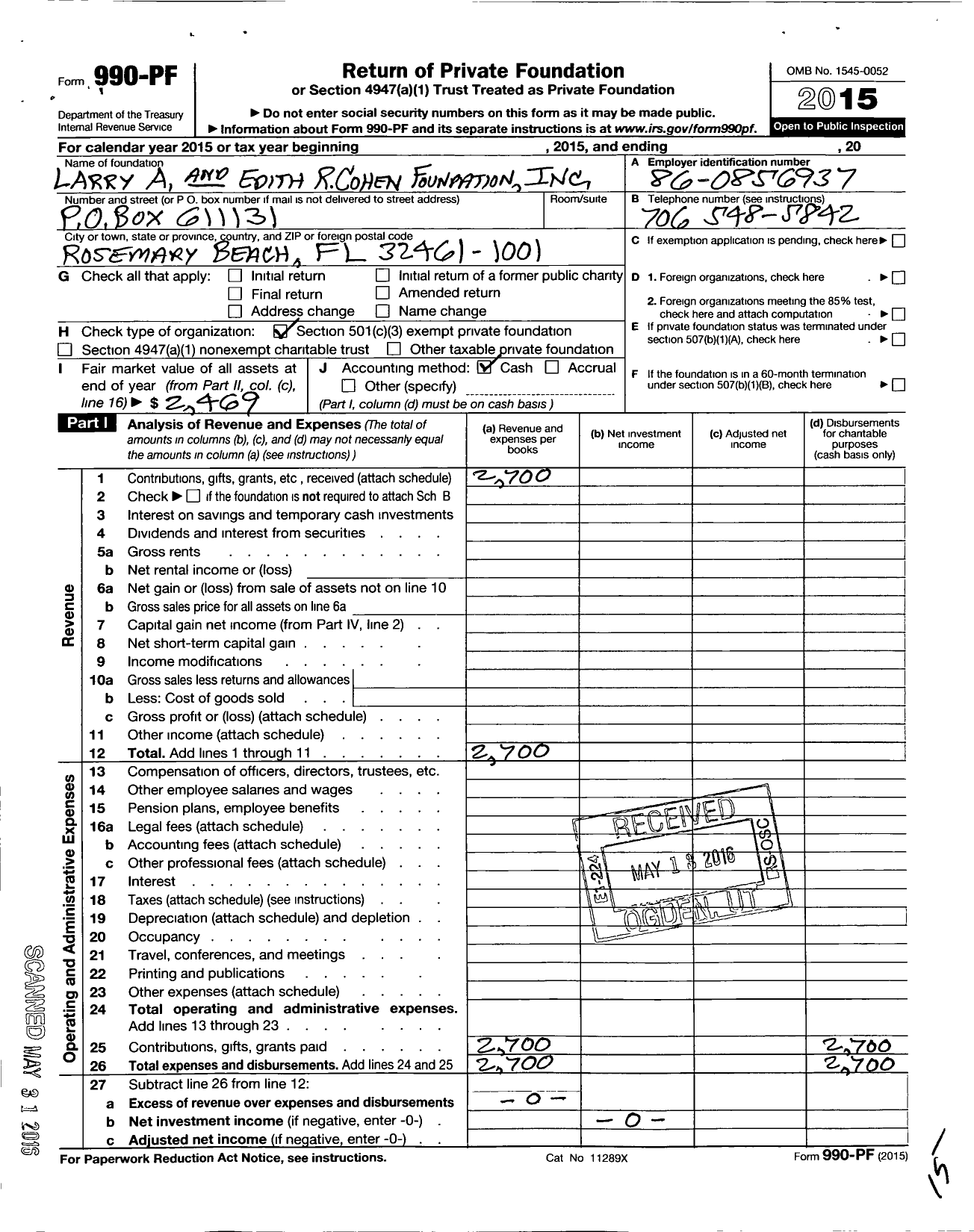 Image of first page of 2015 Form 990PF for Larry A and Edith R Cohen Foundation