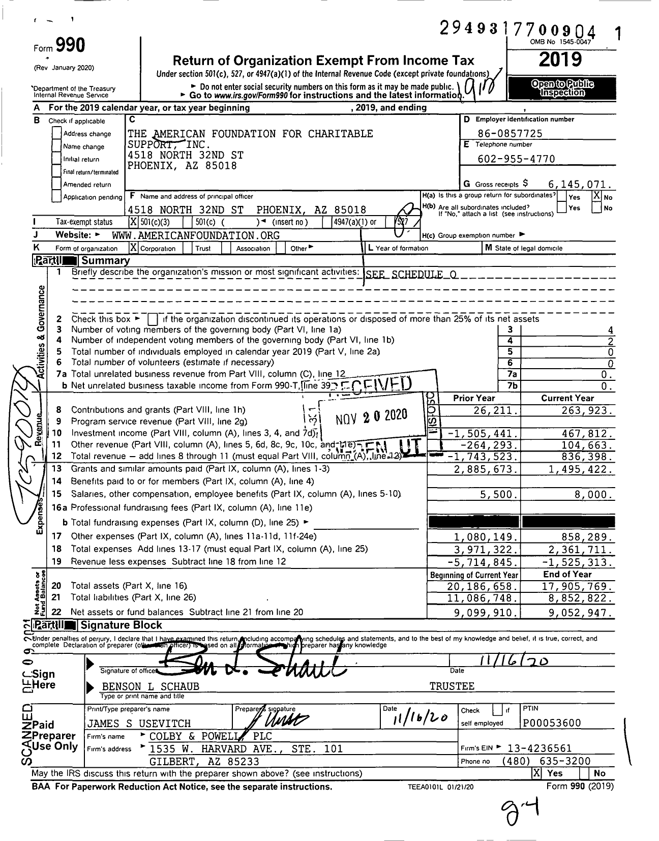 Image of first page of 2019 Form 990 for The American Foundation for Charitable Support