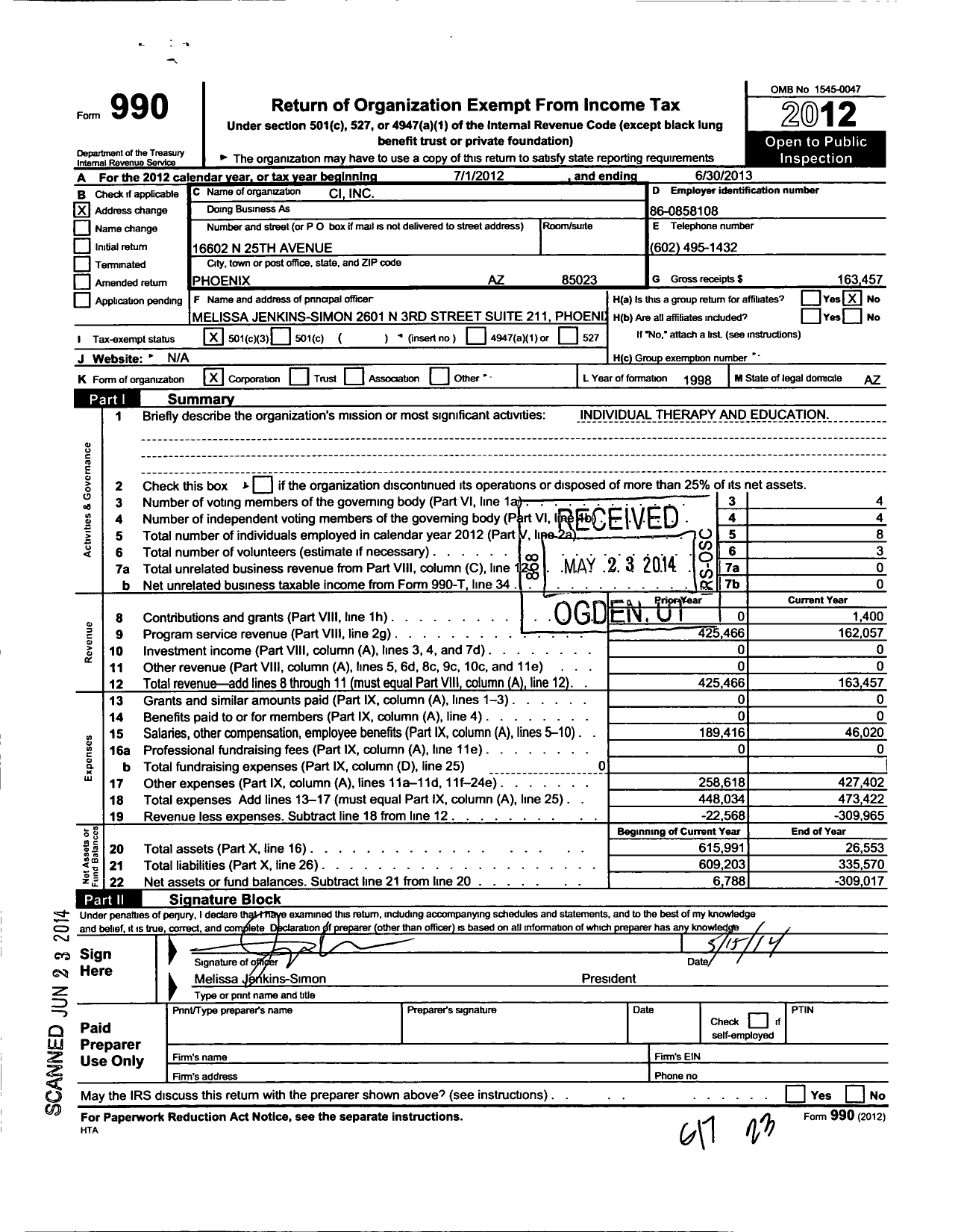 Image of first page of 2012 Form 990 for Ci