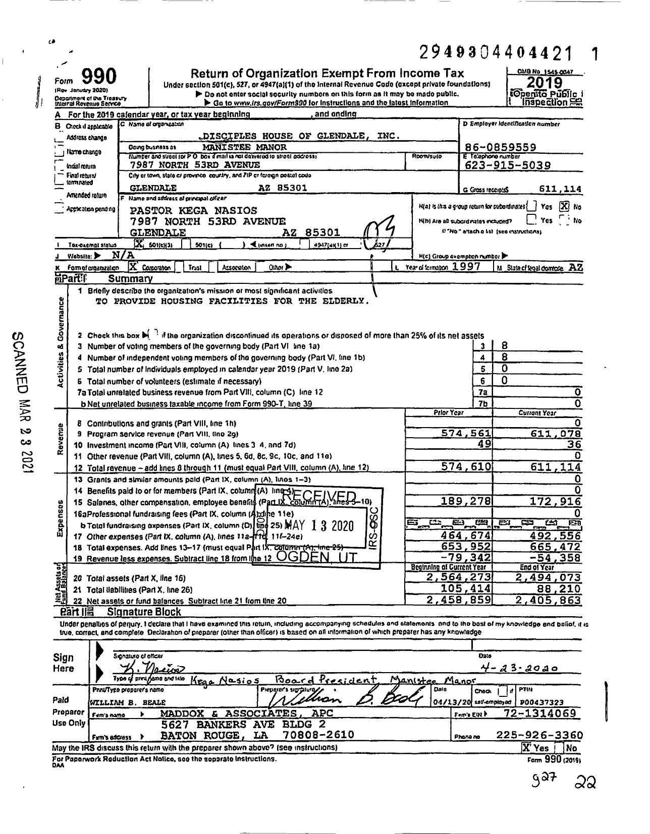 Image of first page of 2019 Form 990 for Mainistee Manor