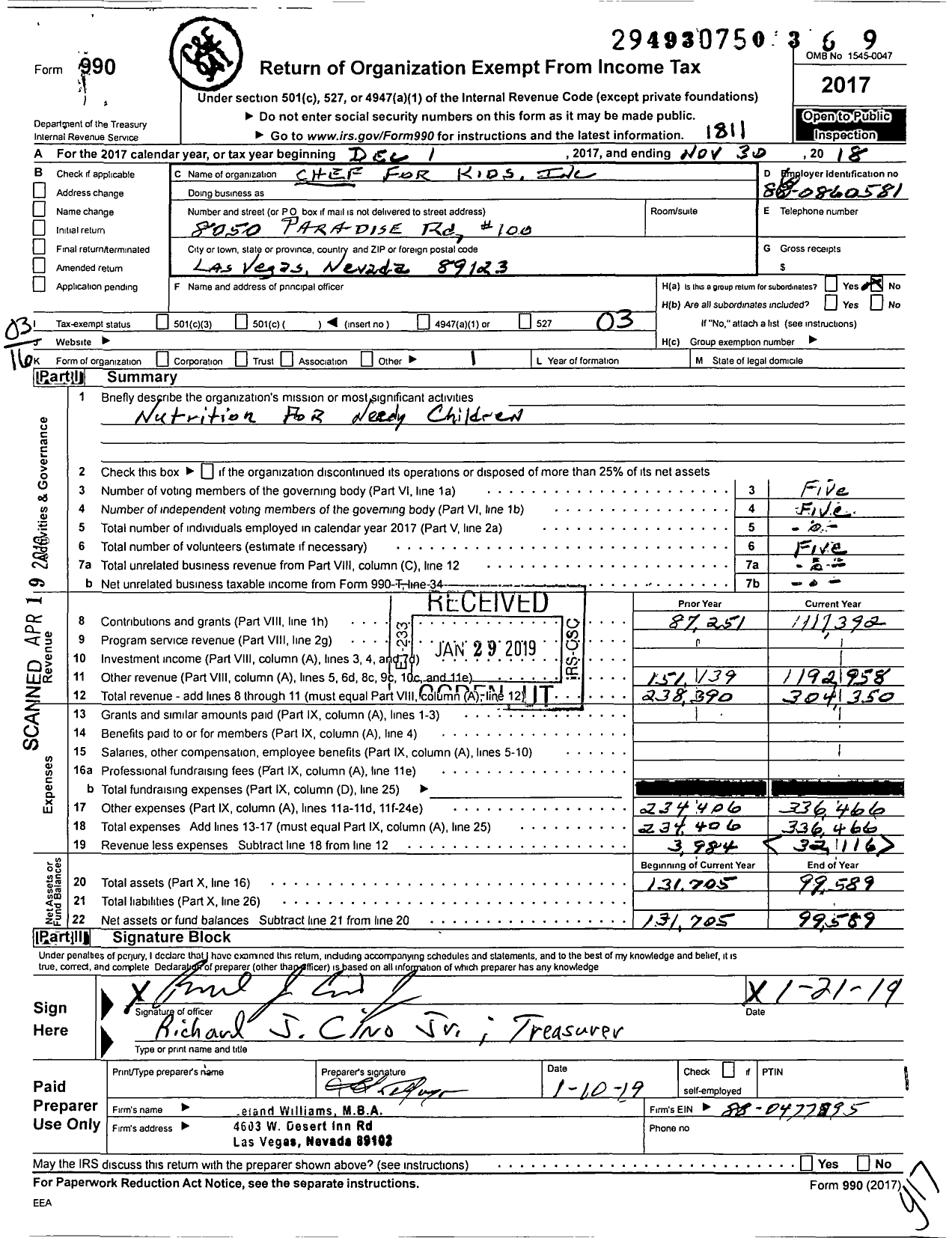 Image of first page of 2017 Form 990 for Chefs for Kids