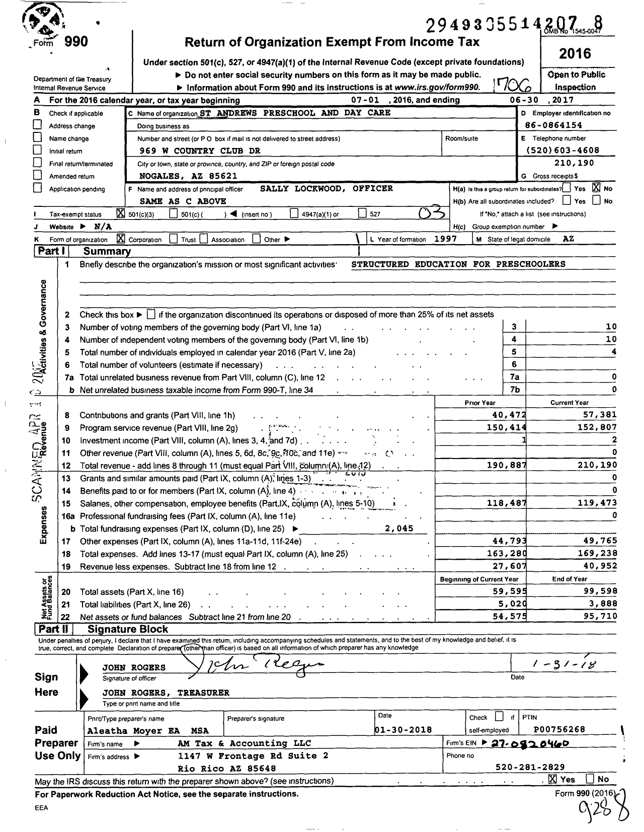 Image of first page of 2016 Form 990 for St Andrews Preschool and Day Care