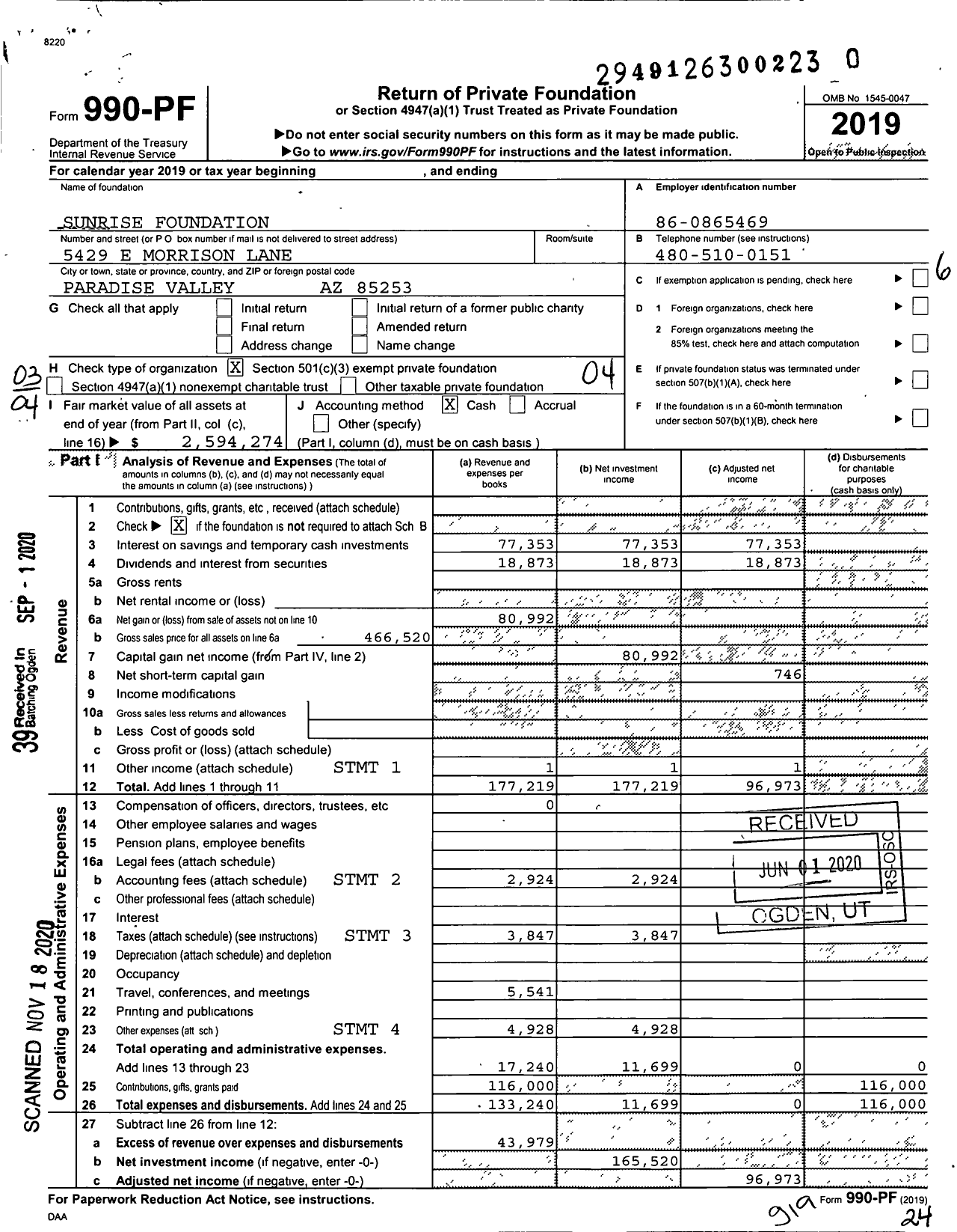 Image of first page of 2019 Form 990PF for Sunrise Foundation