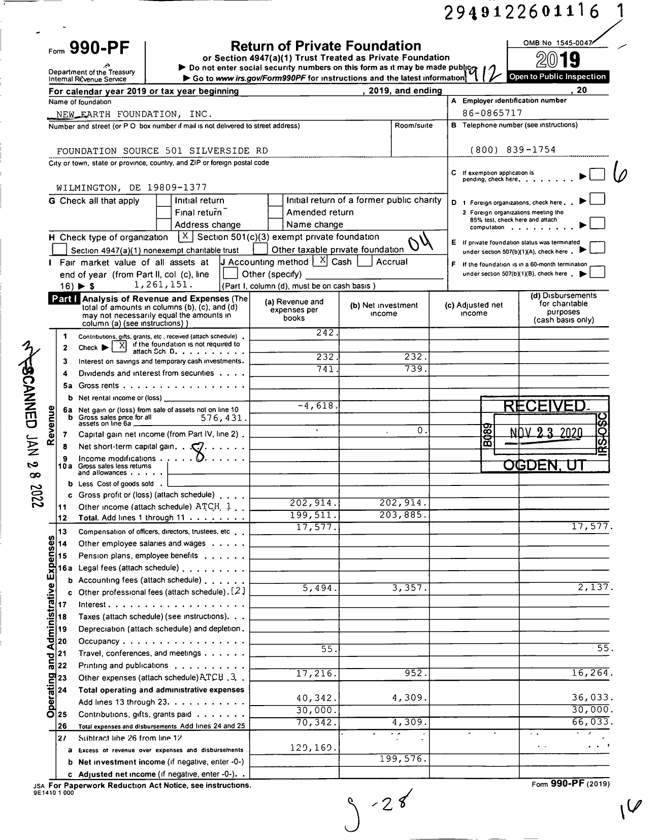 Image of first page of 2019 Form 990PF for New Earth Foundation