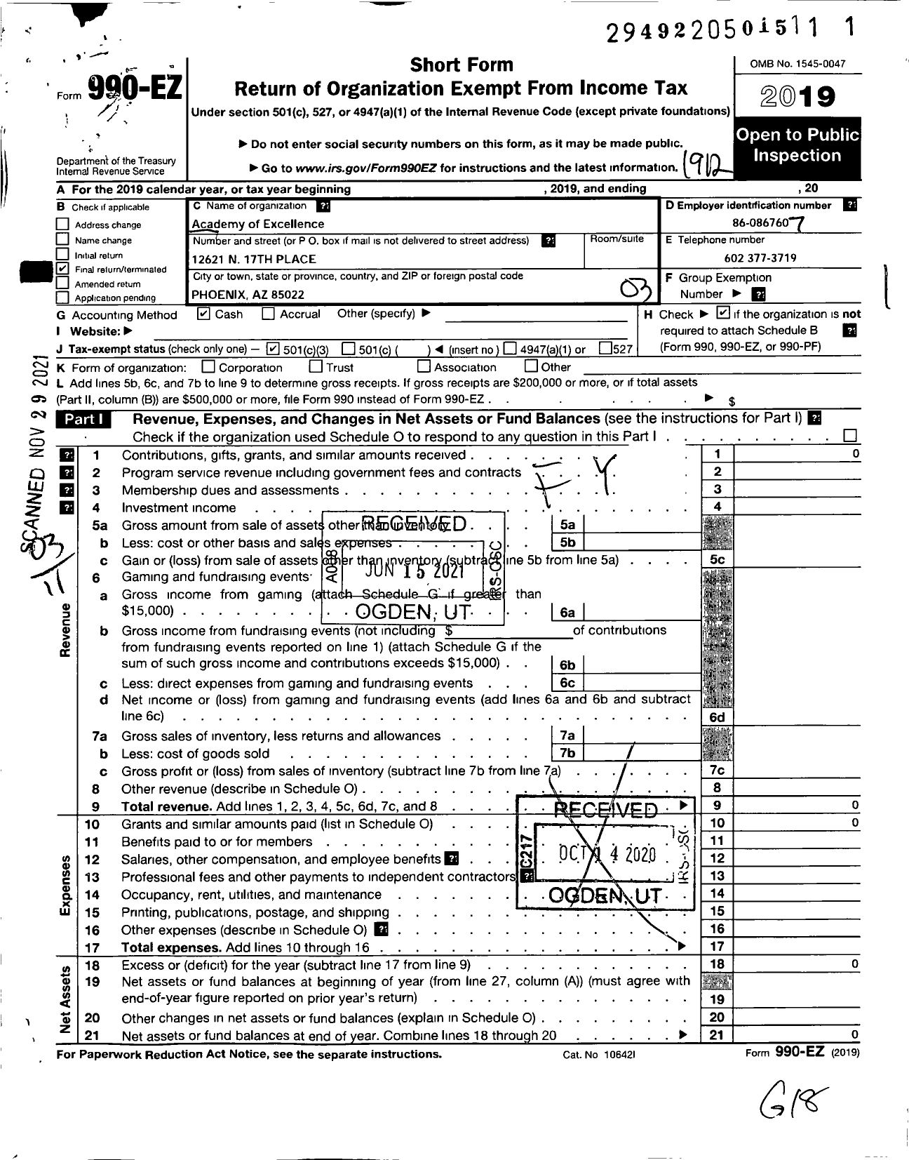 Image of first page of 2019 Form 990EZ for Academy of Excellence