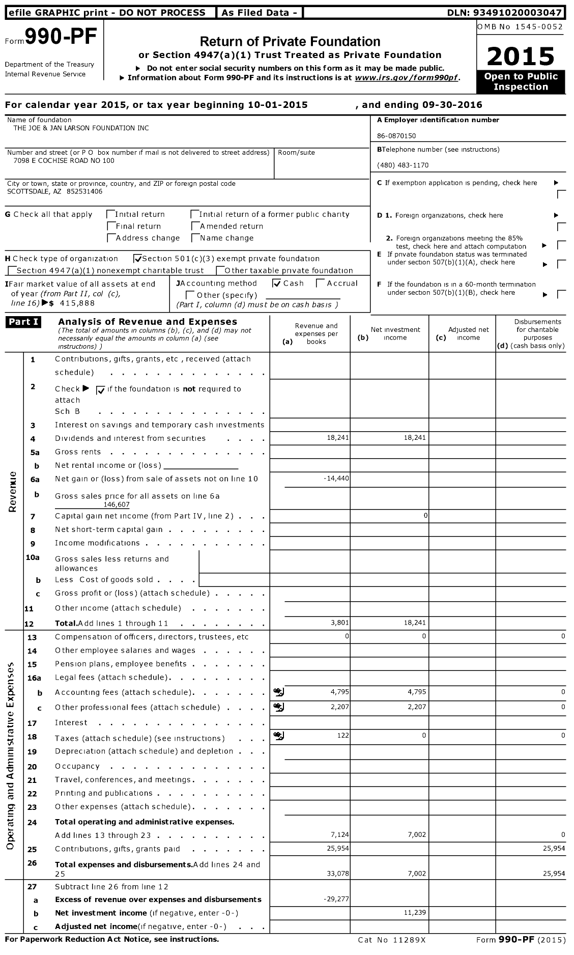 Image of first page of 2015 Form 990PF for The Joe and Jan Larson Foundation