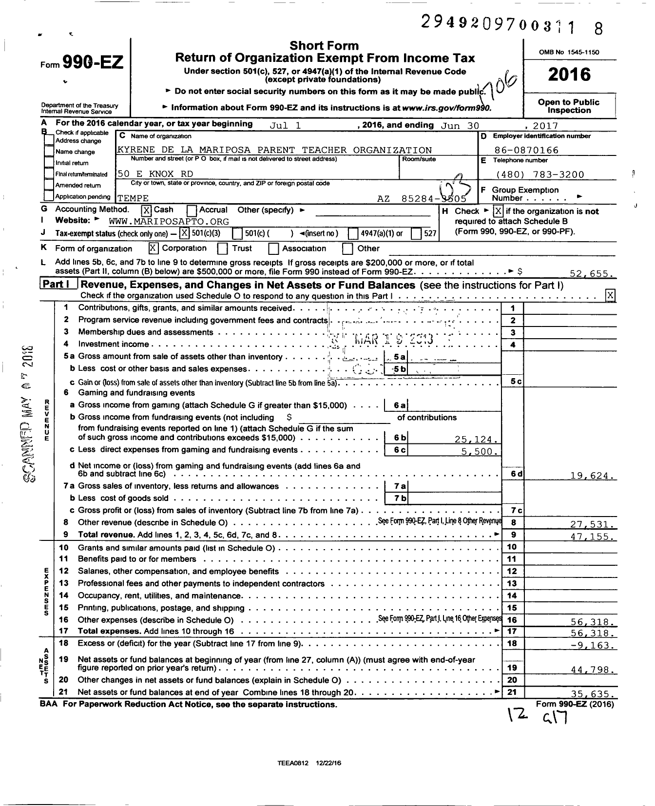 Image of first page of 2016 Form 990EZ for Kyrene de la Mariposa Parent Teacher Organization