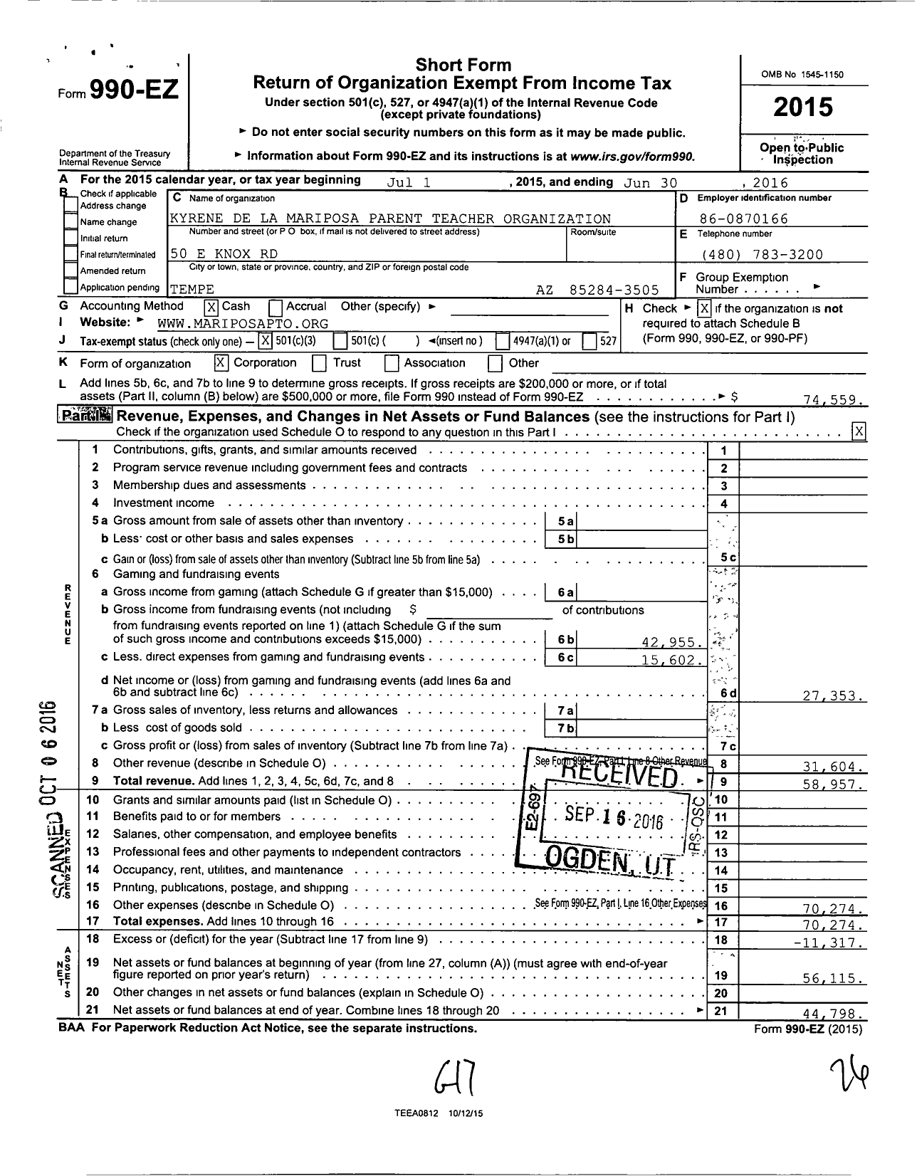 Image of first page of 2015 Form 990EZ for Kyrene de la Mariposa Parent Teacher Organization