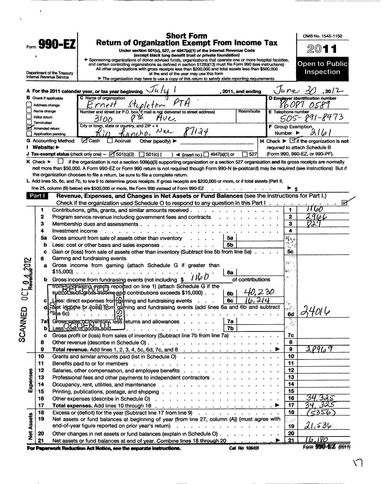 Image of first page of 2011 Form 990EZ for PTA New Mexico Congress / Ernest Stapleton Elementary