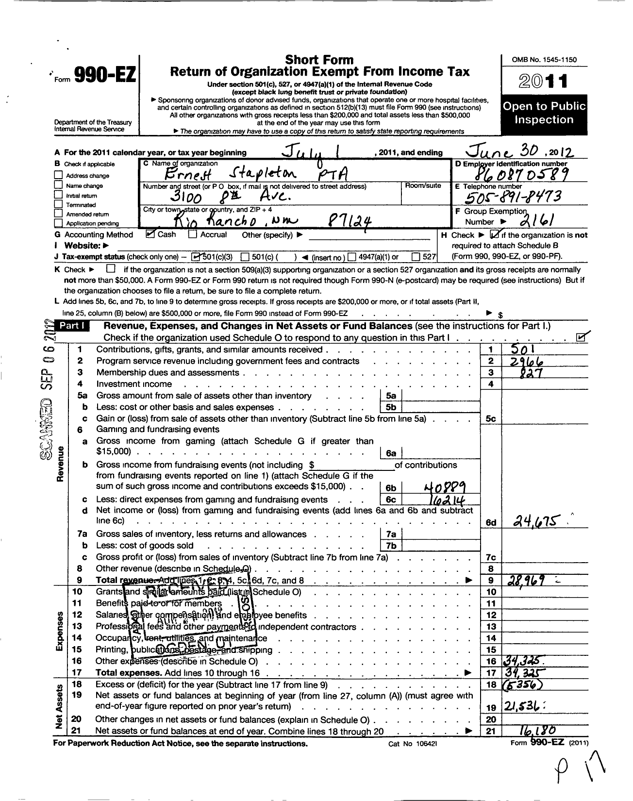 Image of first page of 2011 Form 990EZ for PTA New Mexico Congress / Ernest Stapleton Elementary