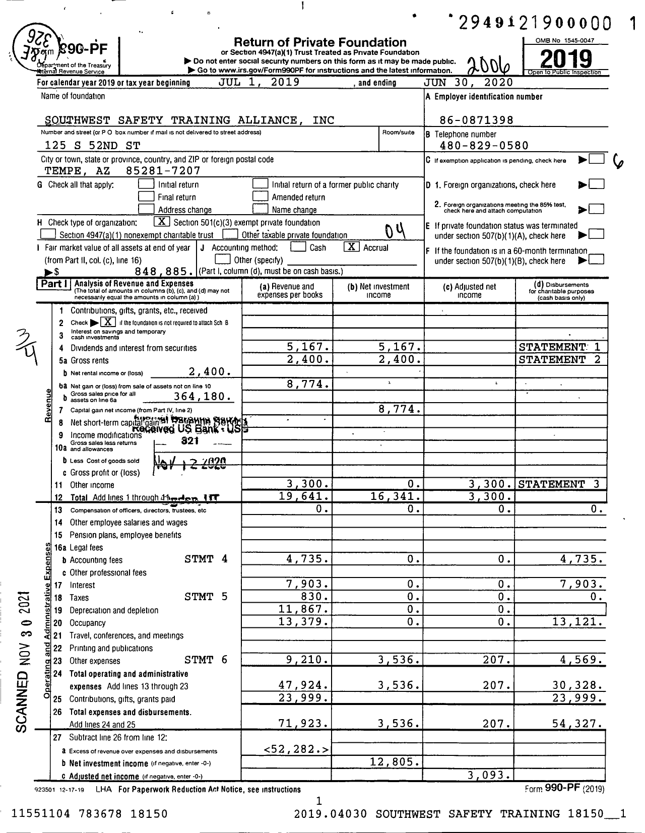 Image of first page of 2019 Form 990PF for Southwest Safety Training Alliance