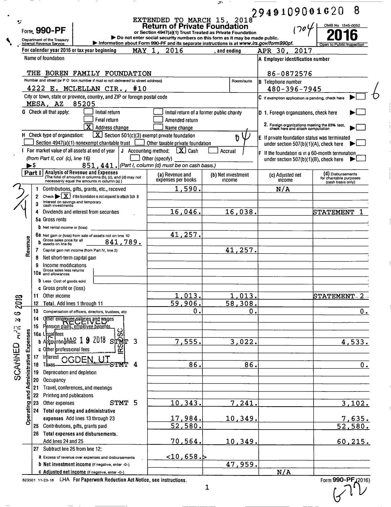 Image of first page of 2016 Form 990PF for The Boren Family Foundation