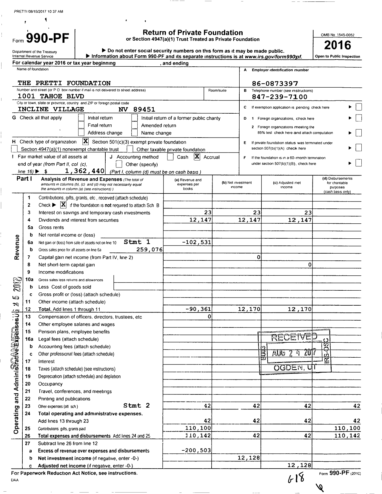 Image of first page of 2016 Form 990PF for Pretti Foundation