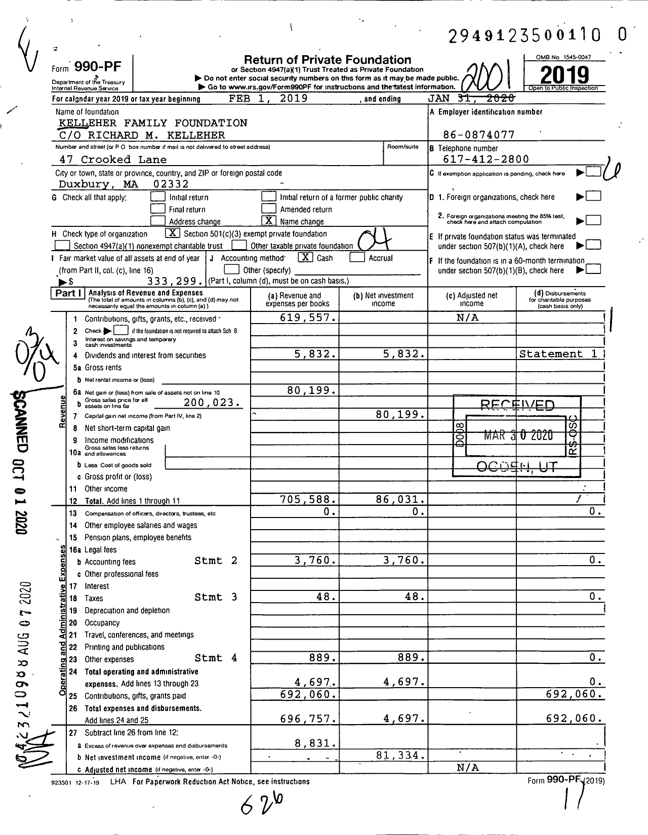 Image of first page of 2019 Form 990PR for Kelleher Family Foundation