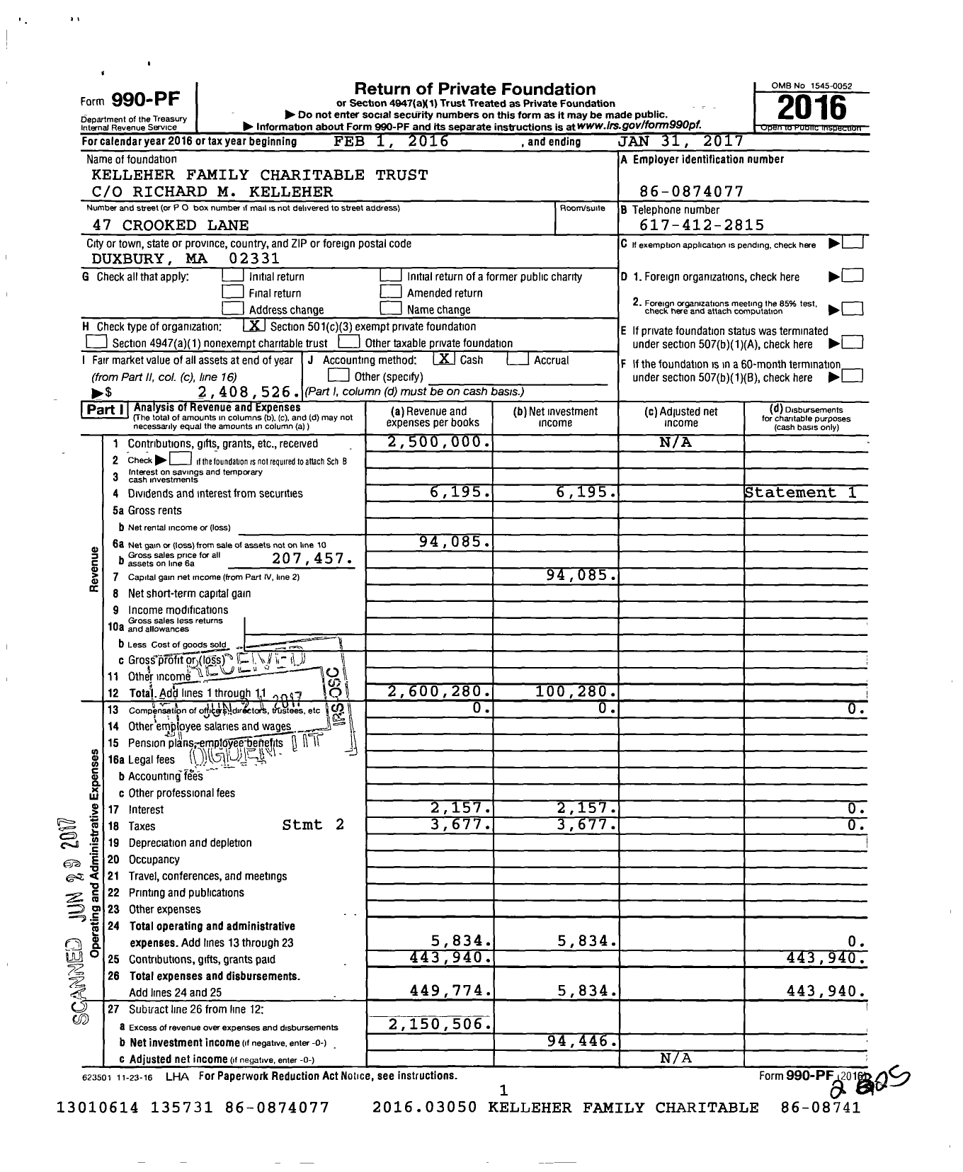Image of first page of 2016 Form 990PF for Kelleher Family Foundation