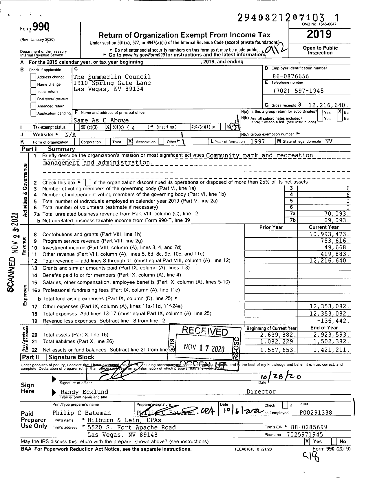 Image of first page of 2019 Form 990O for The Summerlin Council
