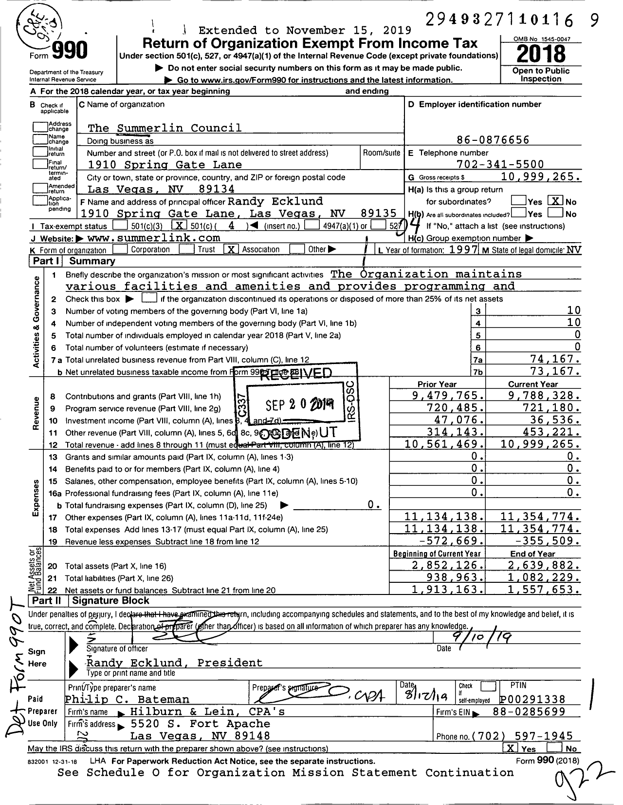 Image of first page of 2018 Form 990O for The Summerlin Council