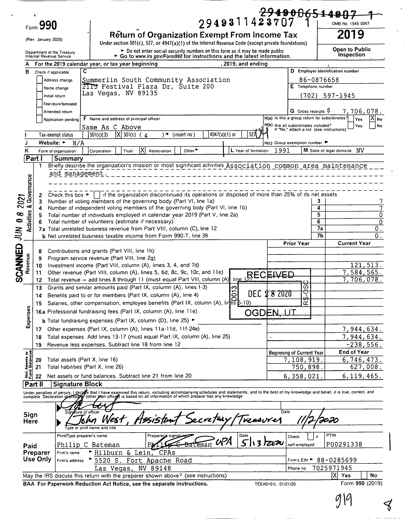 Image of first page of 2019 Form 990O for Summerlin South Community Association