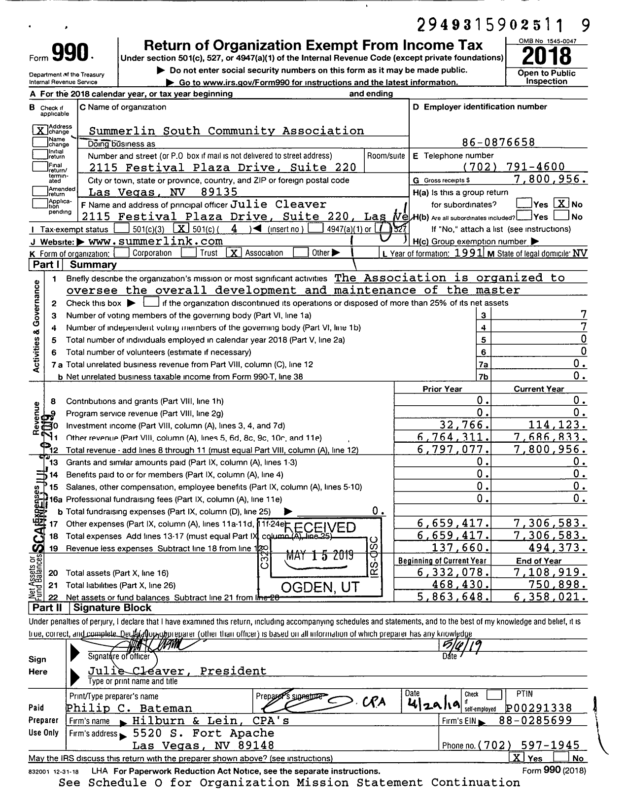 Image of first page of 2018 Form 990O for Summerlin South Community Association