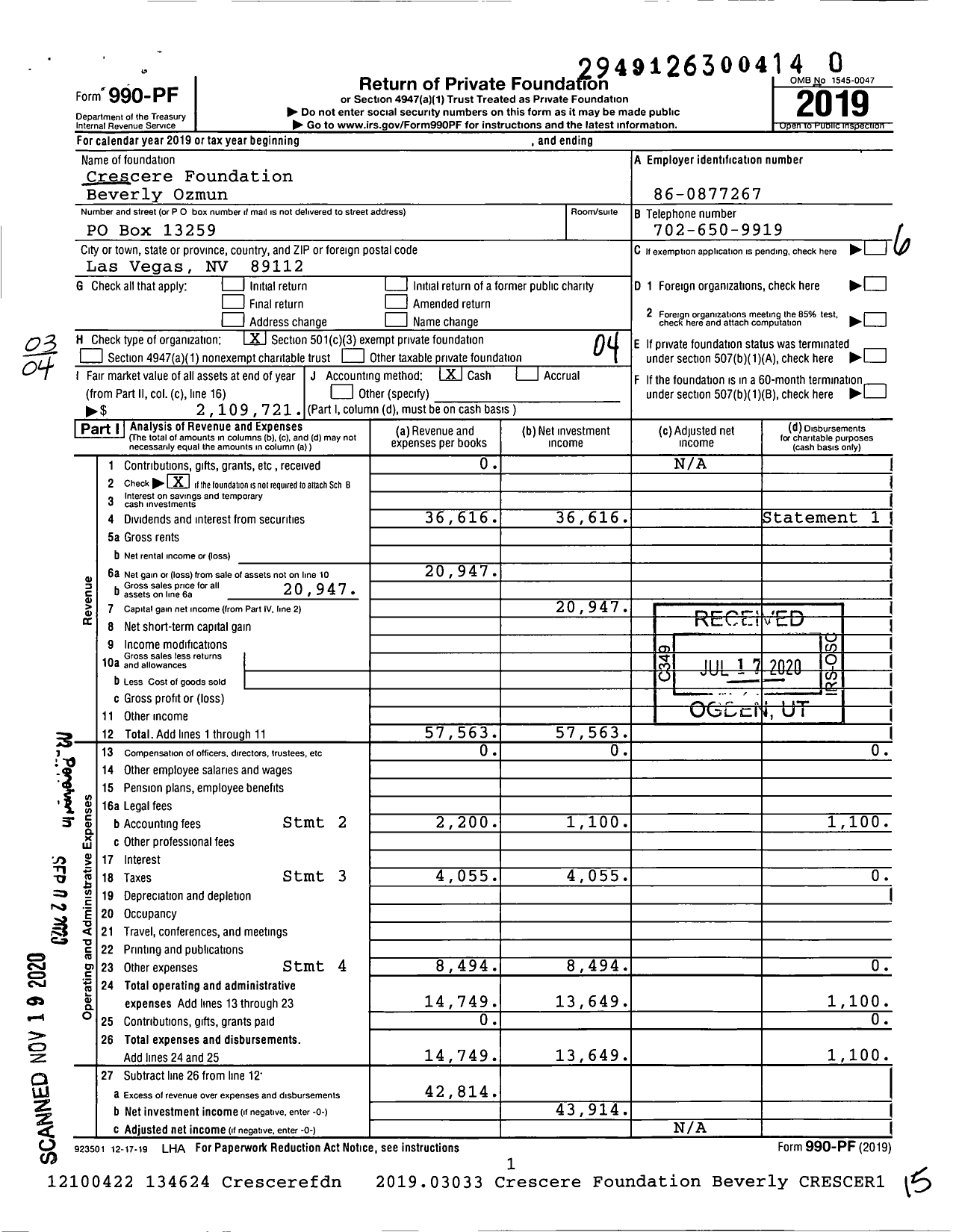 Image of first page of 2019 Form 990PF for The Crescere Foundation