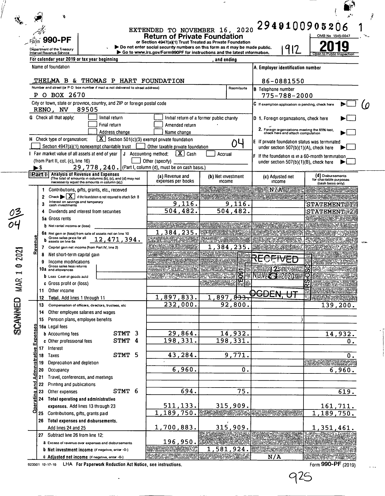 Image of first page of 2019 Form 990PF for Thelma B & Thomas P Hart Foundation